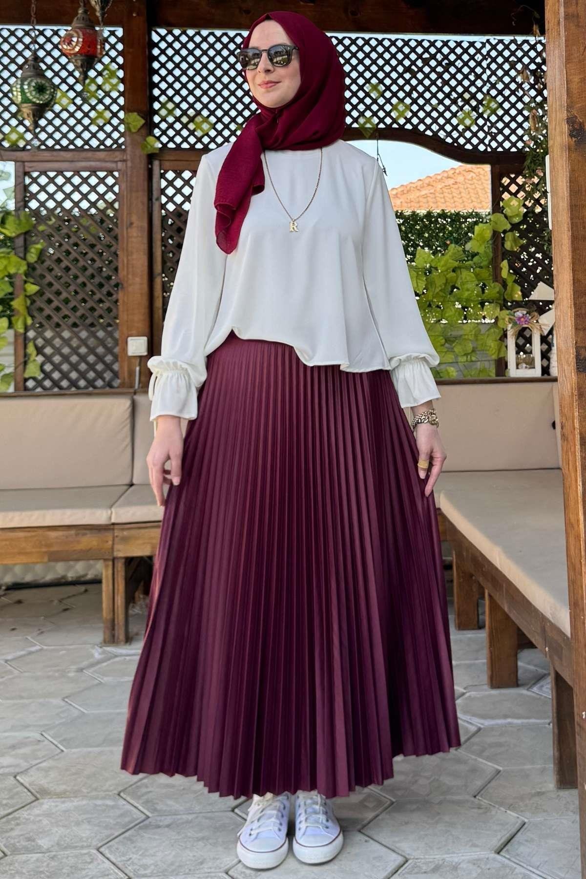 Eliz Bordo Plise Etek - Rabia Şamlı | Tesettür Giyim, Elbise ve Kadın Giyim Modası