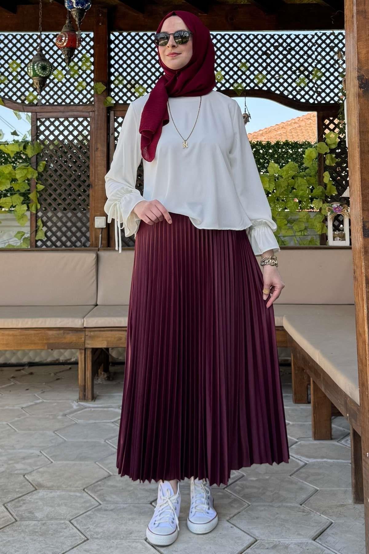 Eliz Bordo Plise Etek - Rabia Şamlı | Tesettür Giyim, Elbise ve Kadın Giyim Modası