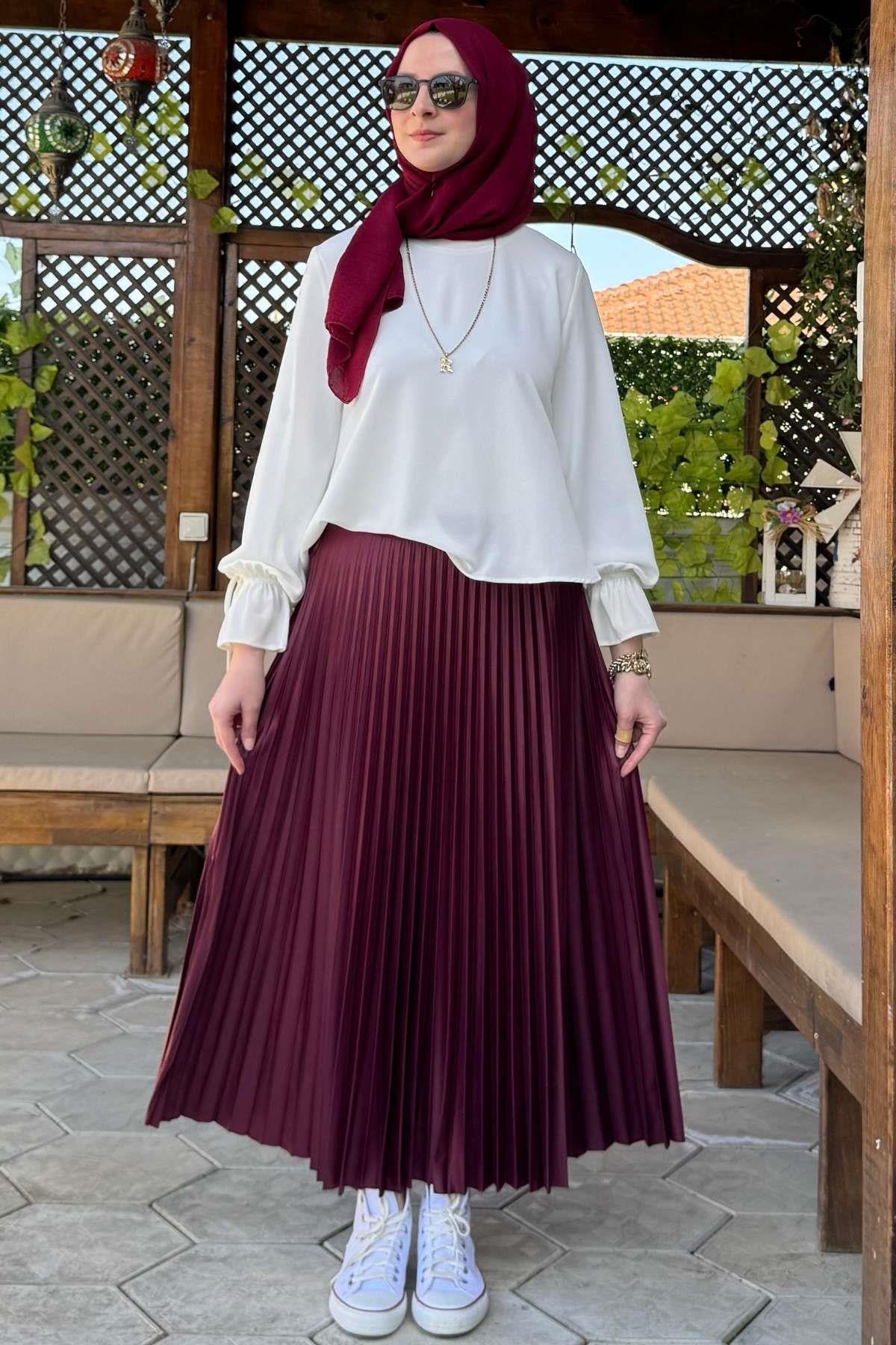 Eliz Bordo Plise Etek - Rabia Şamlı | Tesettür Giyim, Elbise ve Kadın Giyim Modası
