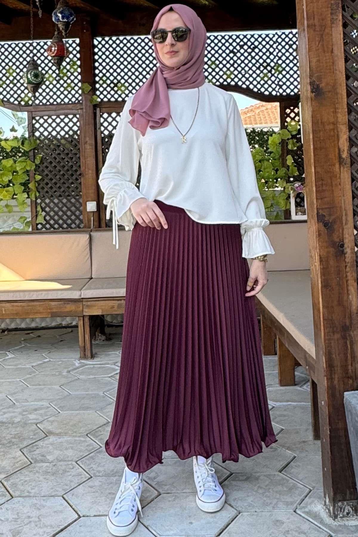 Eliz Mavi Plise Etek | Rabia Şamlı | Tesettür Giyim, Elbise ve Kadın Giyim Modası