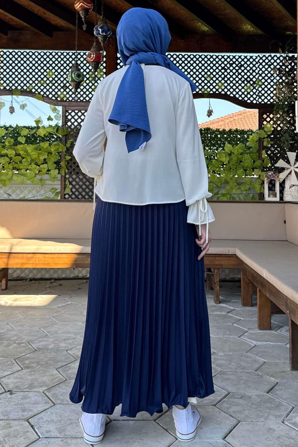 Eliz Mavi Plise Etek | Rabia Şamlı | Tesettür Giyim, Elbise ve Kadın Giyim Modası