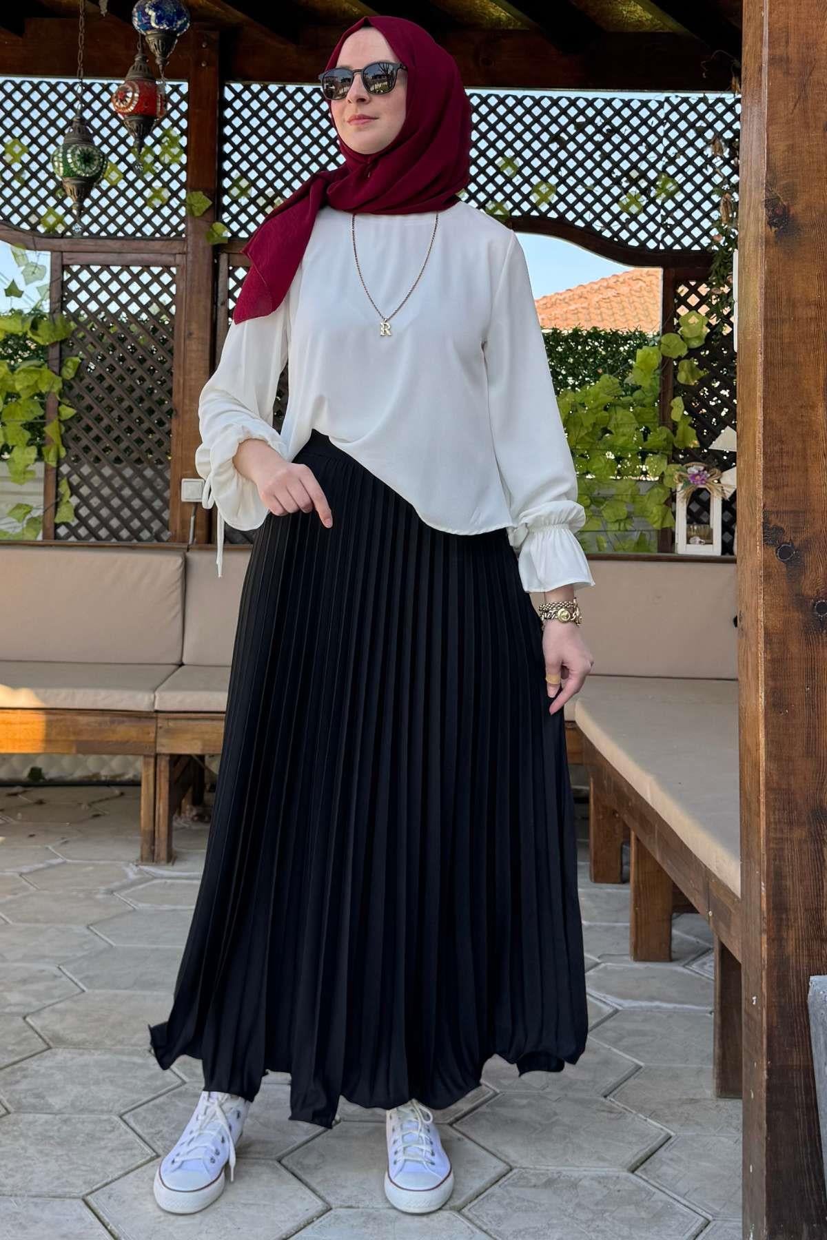 Eliz Mavi Plise Etek | Rabia Şamlı | Tesettür Giyim, Elbise ve Kadın Giyim Modası