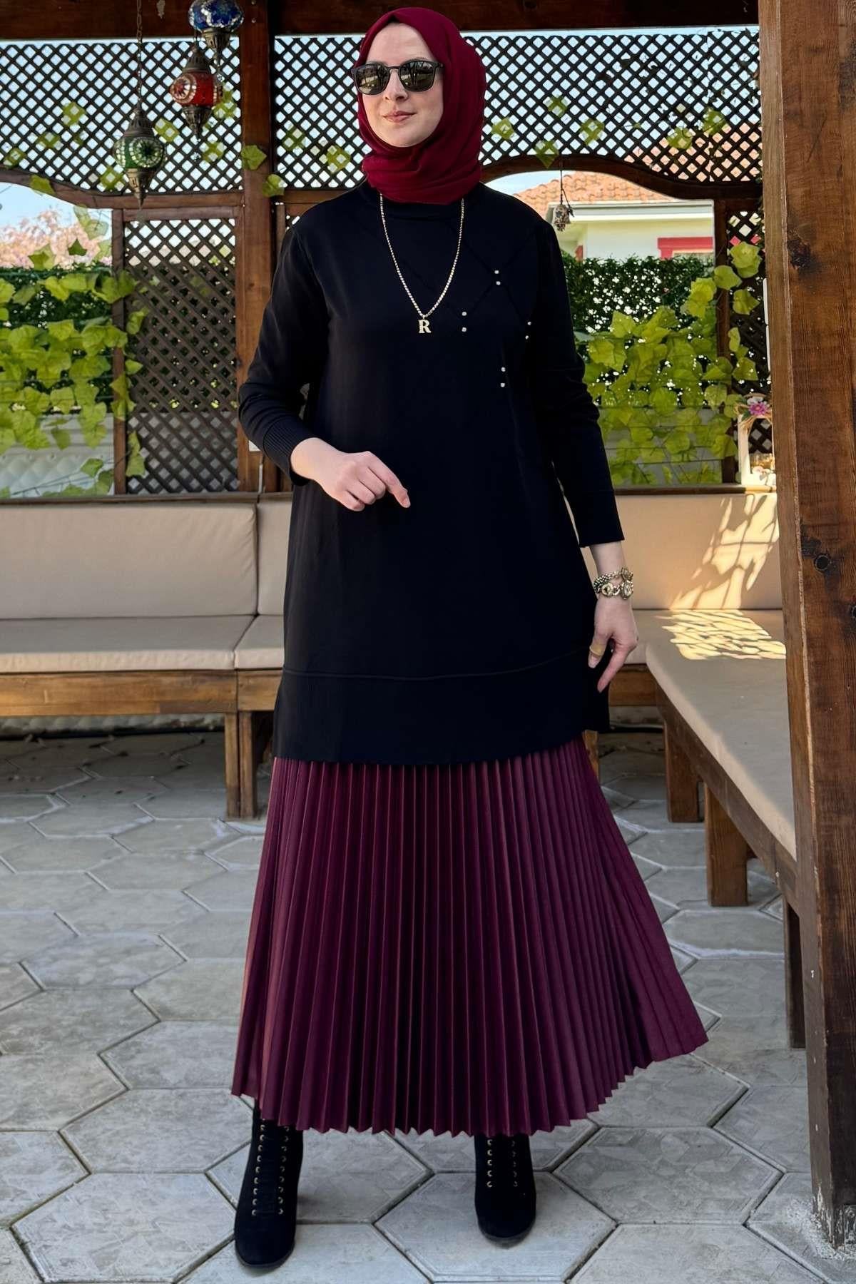 Gonca Taşlı Triko Tunik Ekru | Rabia Şamlı | Tesettür Giyim, Elbise ve Kadın Giyim Modası
