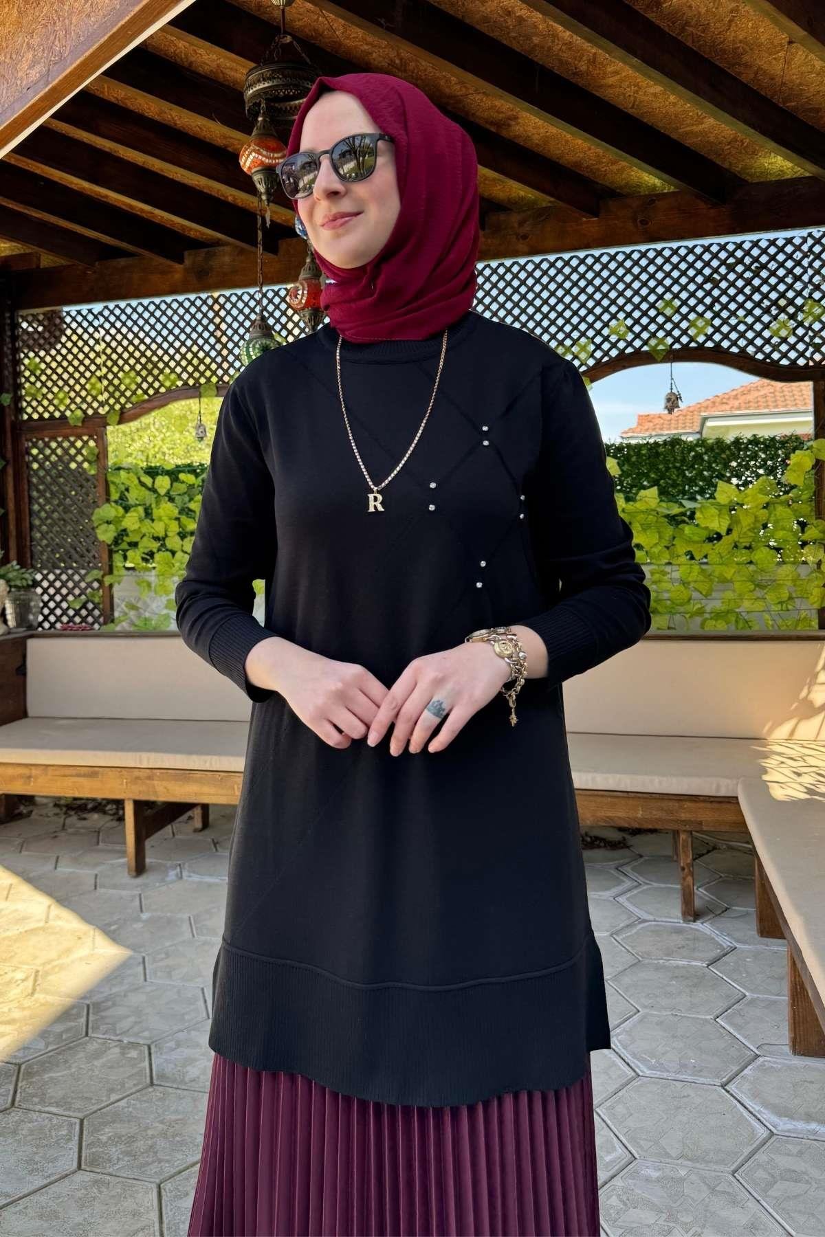 Gonca Taşlı Triko Tunik Ekru | Rabia Şamlı | Tesettür Giyim, Elbise ve Kadın Giyim Modası