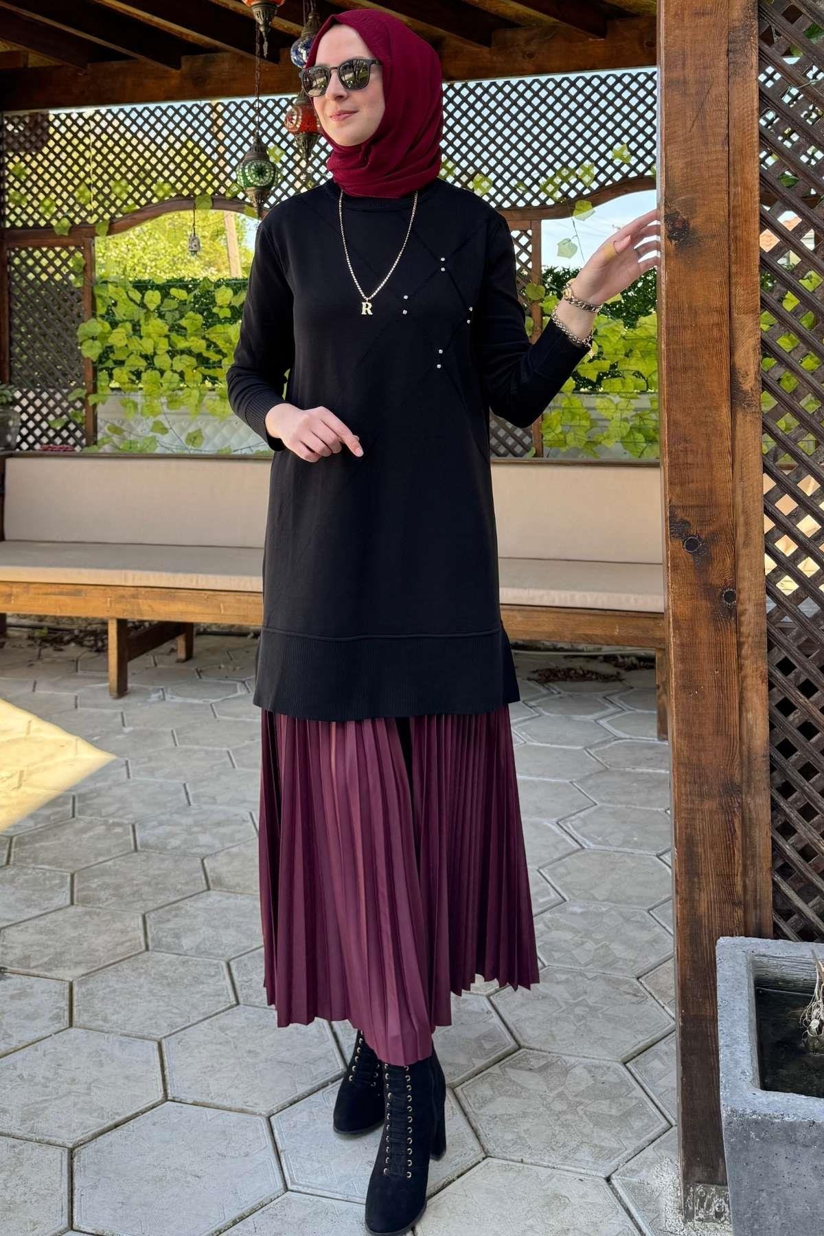 Gonca Taşlı Triko Tunik Ekru | Rabia Şamlı | Tesettür Giyim, Elbise ve Kadın Giyim Modası