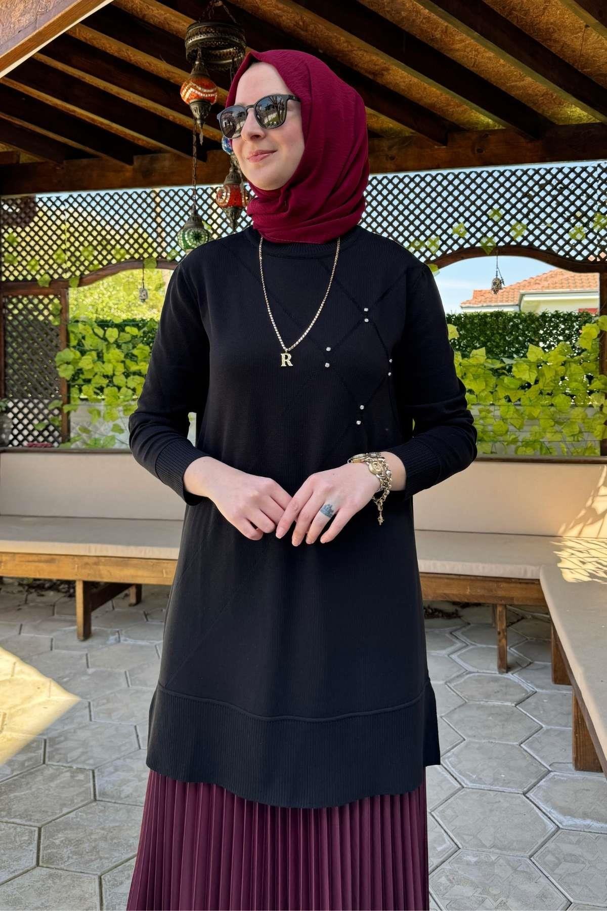Gonca Taşlı Triko Tunik Ekru | Rabia Şamlı | Tesettür Giyim, Elbise ve Kadın Giyim Modası