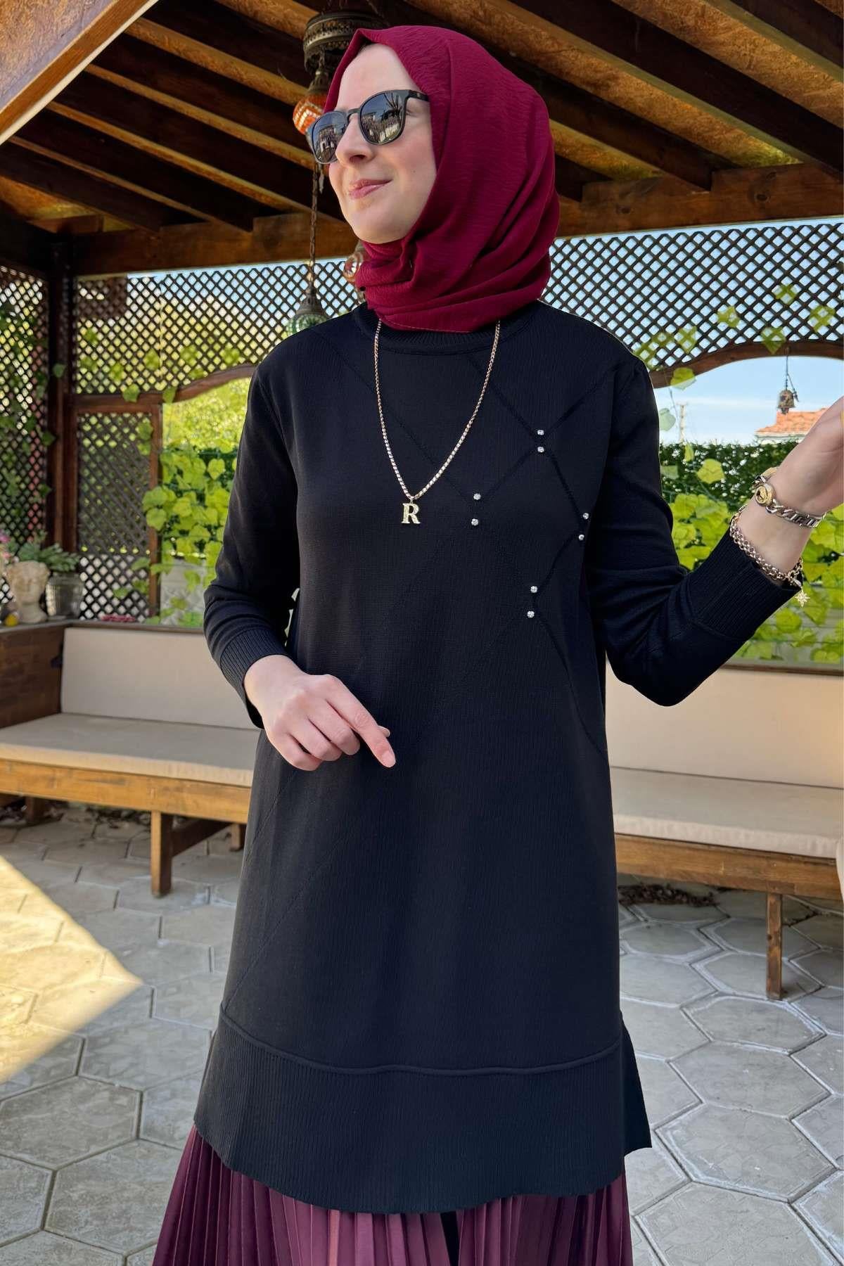 Gonca Taşlı Triko Tunik Ekru | Rabia Şamlı | Tesettür Giyim, Elbise ve Kadın Giyim Modası