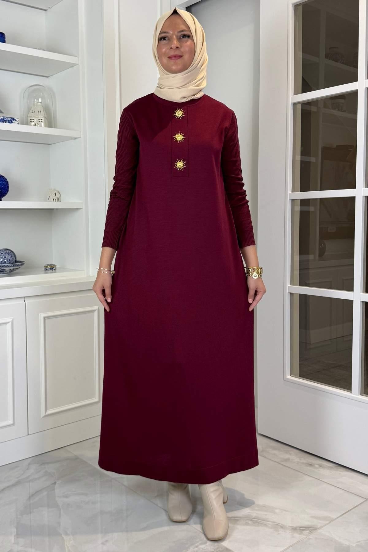 Beyza Fitilli Triko Elbise Bordo | Rabia Şamlı | Tesettür Giyim, Elbise ve Kadın Giyim Modası