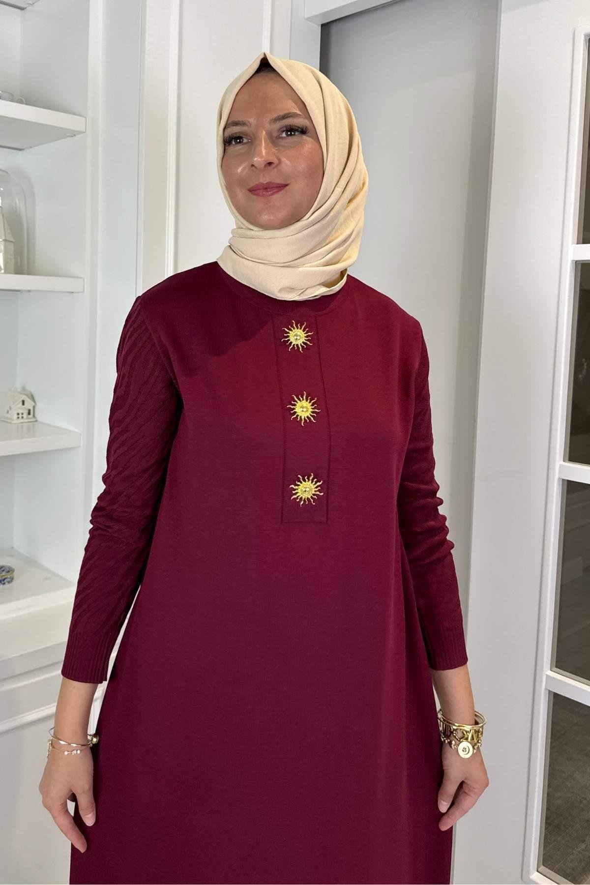 Beyza Fitilli Triko Elbise Bordo | Rabia Şamlı | Tesettür Giyim, Elbise ve Kadın Giyim Modası