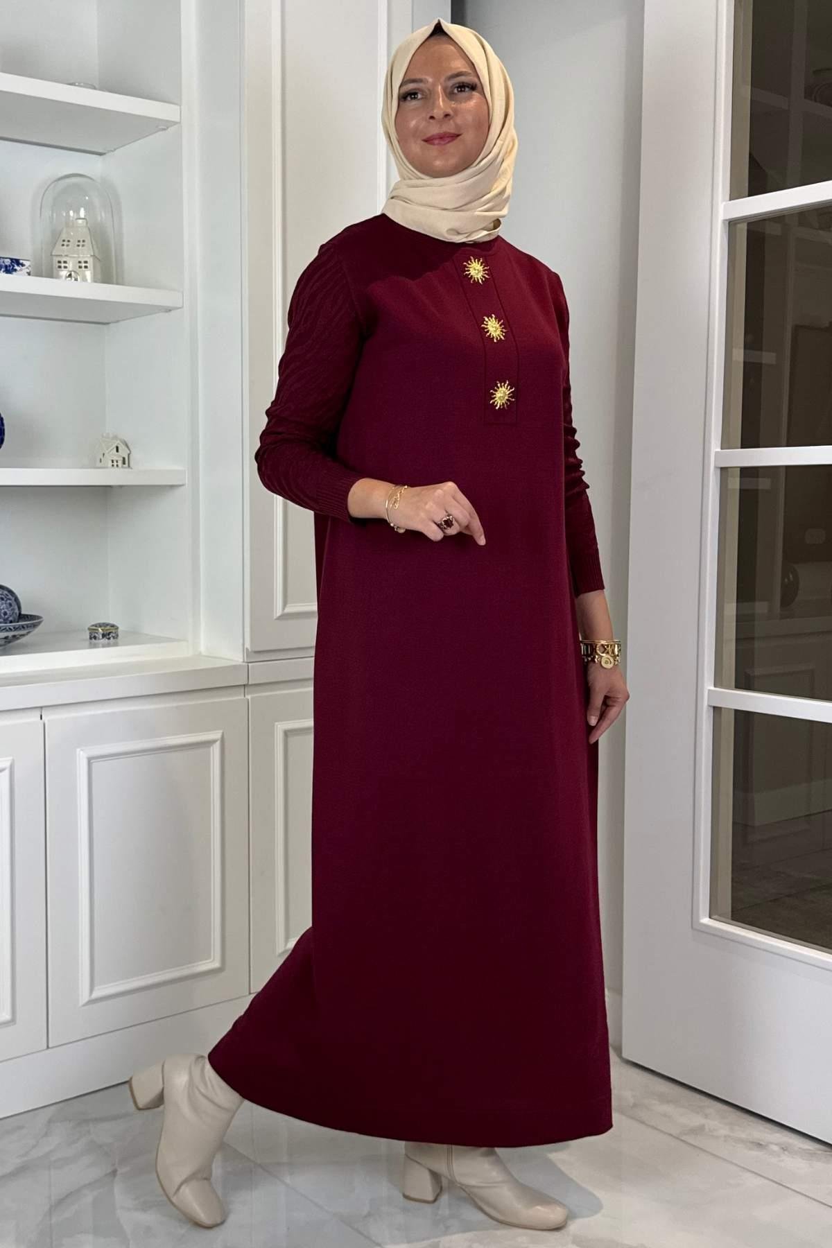 Beyza Fitilli Triko Elbise Bordo | Rabia Şamlı | Tesettür Giyim, Elbise ve Kadın Giyim Modası