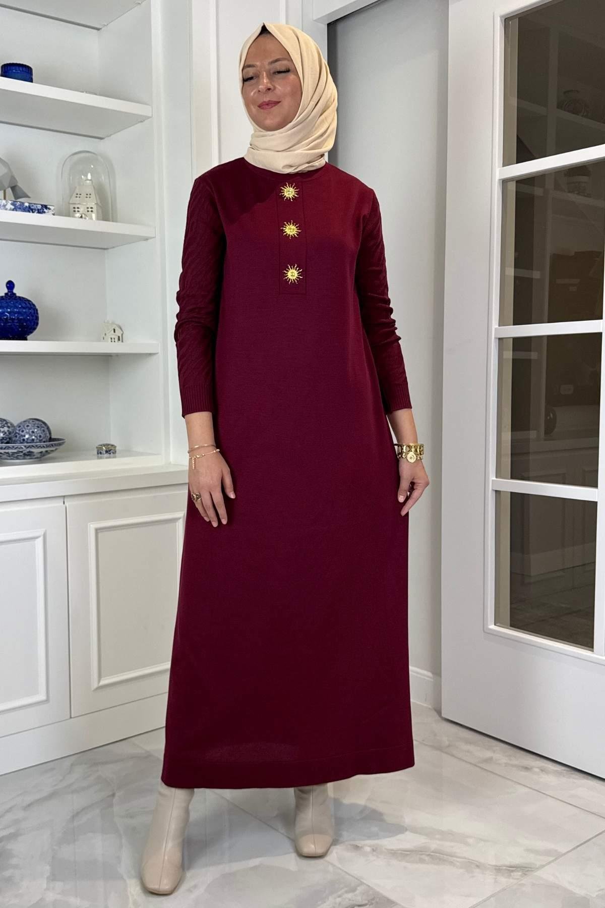 Beyza Fitilli Triko Elbise Bordo | Rabia Şamlı | Tesettür Giyim, Elbise ve Kadın Giyim Modası