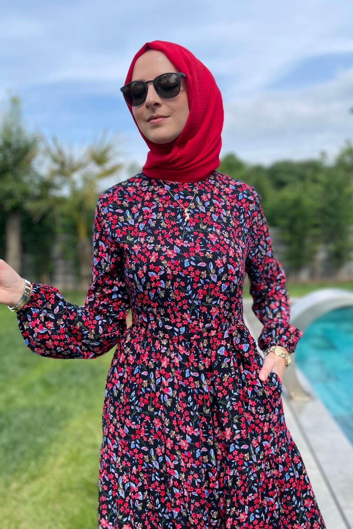 Güzide Yaprak Desenli Elbise Mavi | Rabia Şamlı | Tesettür Giyim, Elbise ve Kadın Giyim Modası
