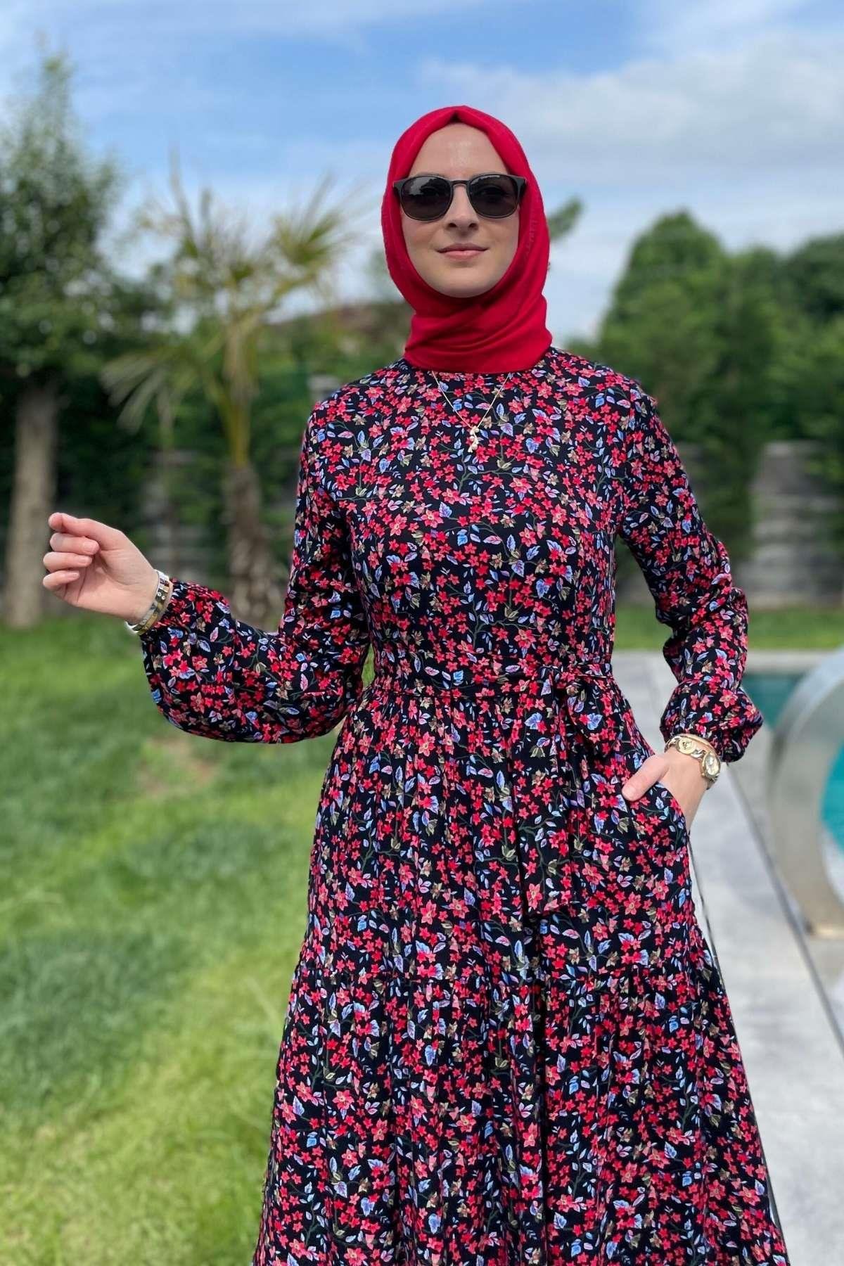 Güzide Yaprak Desenli Elbise Mavi | Rabia Şamlı | Tesettür Giyim, Elbise ve Kadın Giyim Modası