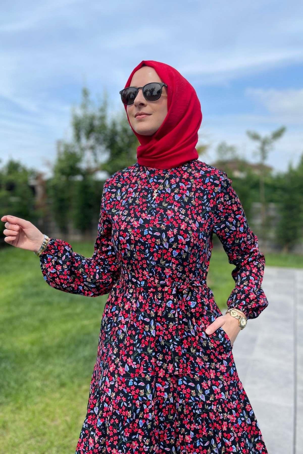 Güzide Yaprak Desenli Elbise Mavi | Rabia Şamlı | Tesettür Giyim, Elbise ve Kadın Giyim Modası