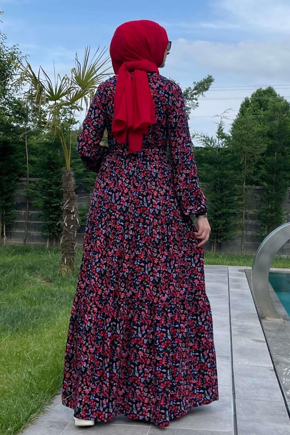 Güzide Yaprak Desenli Elbise Mavi | Rabia Şamlı | Tesettür Giyim, Elbise ve Kadın Giyim Modası