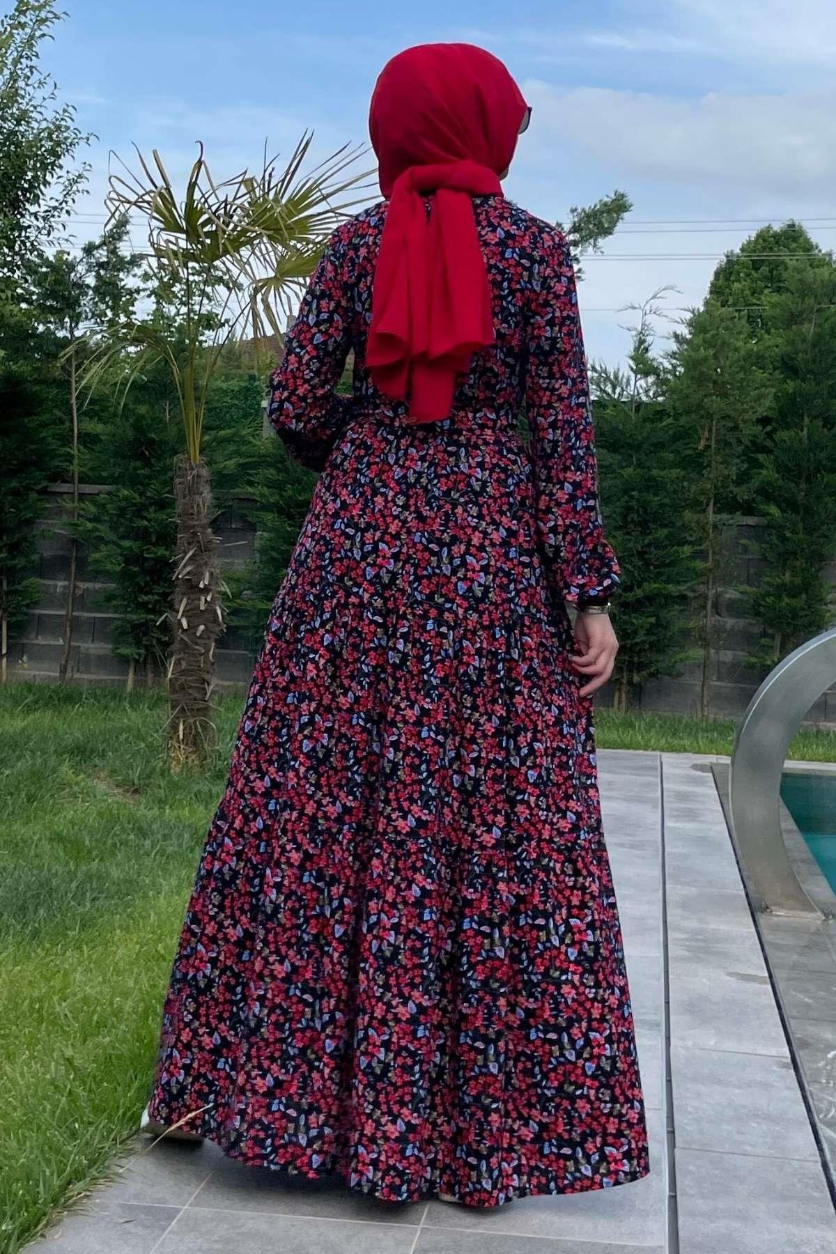 Güzide Yaprak Desenli Elbise Mavi | Rabia Şamlı | Tesettür Giyim, Elbise ve Kadın Giyim Modası