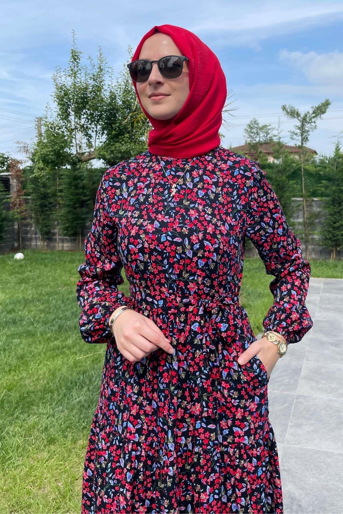 Güzide Yaprak Desenli Elbise Mavi | Rabia Şamlı | Tesettür Giyim, Elbise ve Kadın Giyim Modası