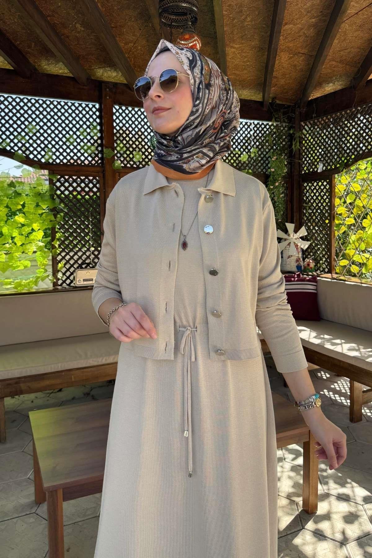 Nisan Simli Triko Elbise Sütlü Kahve | Rabia Şamlı