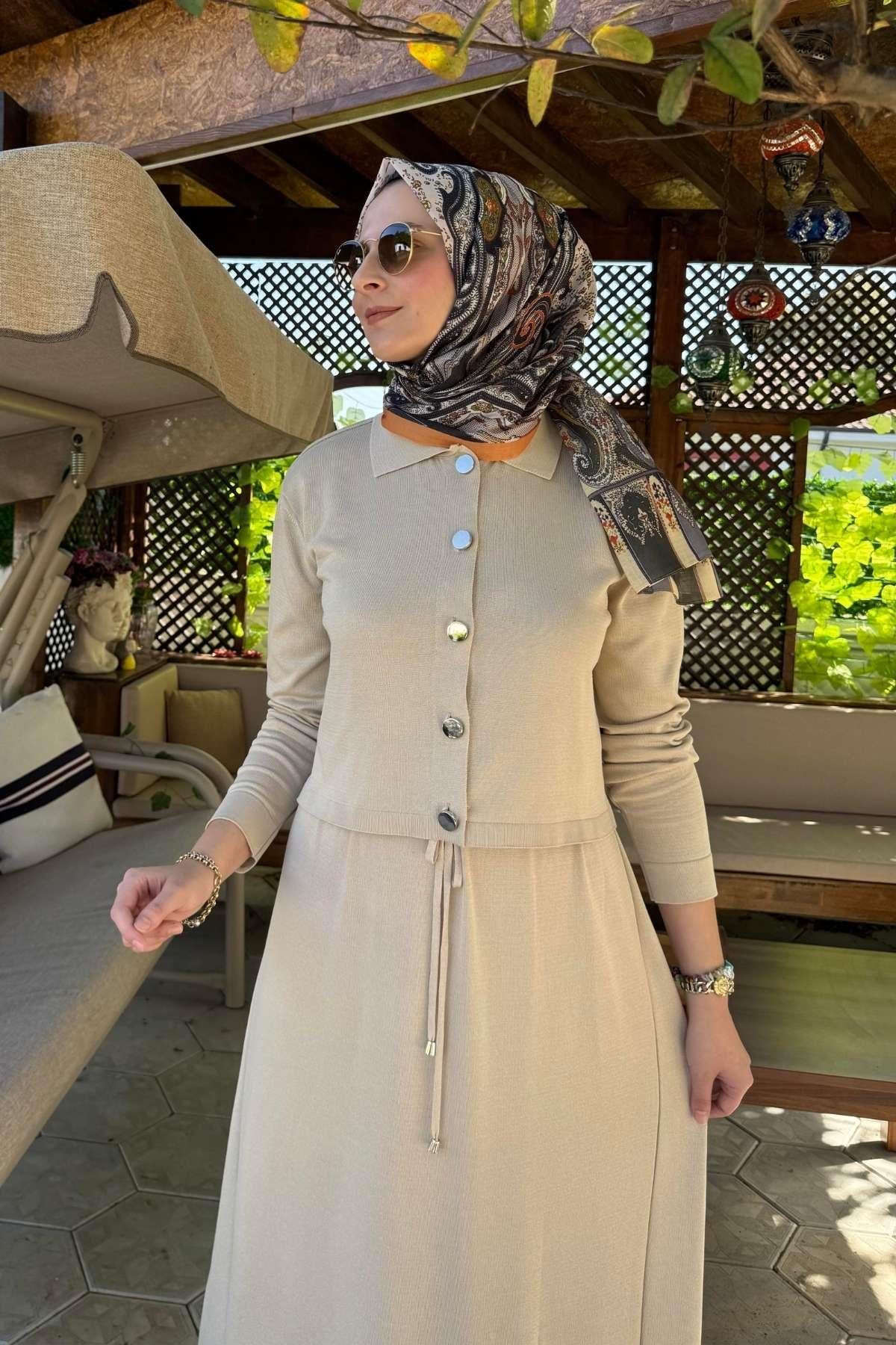 Nisan Simli Triko Elbise Sütlü Kahve | Rabia Şamlı