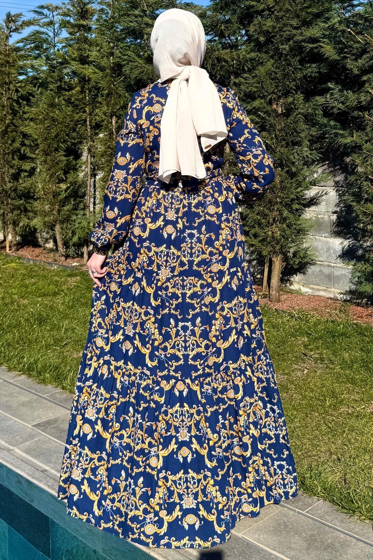 Kot Efektli Elbise Lacivert | Rabia Şamlı | Tesettür Giyim, Elbise ve Kadın Giyim Modası