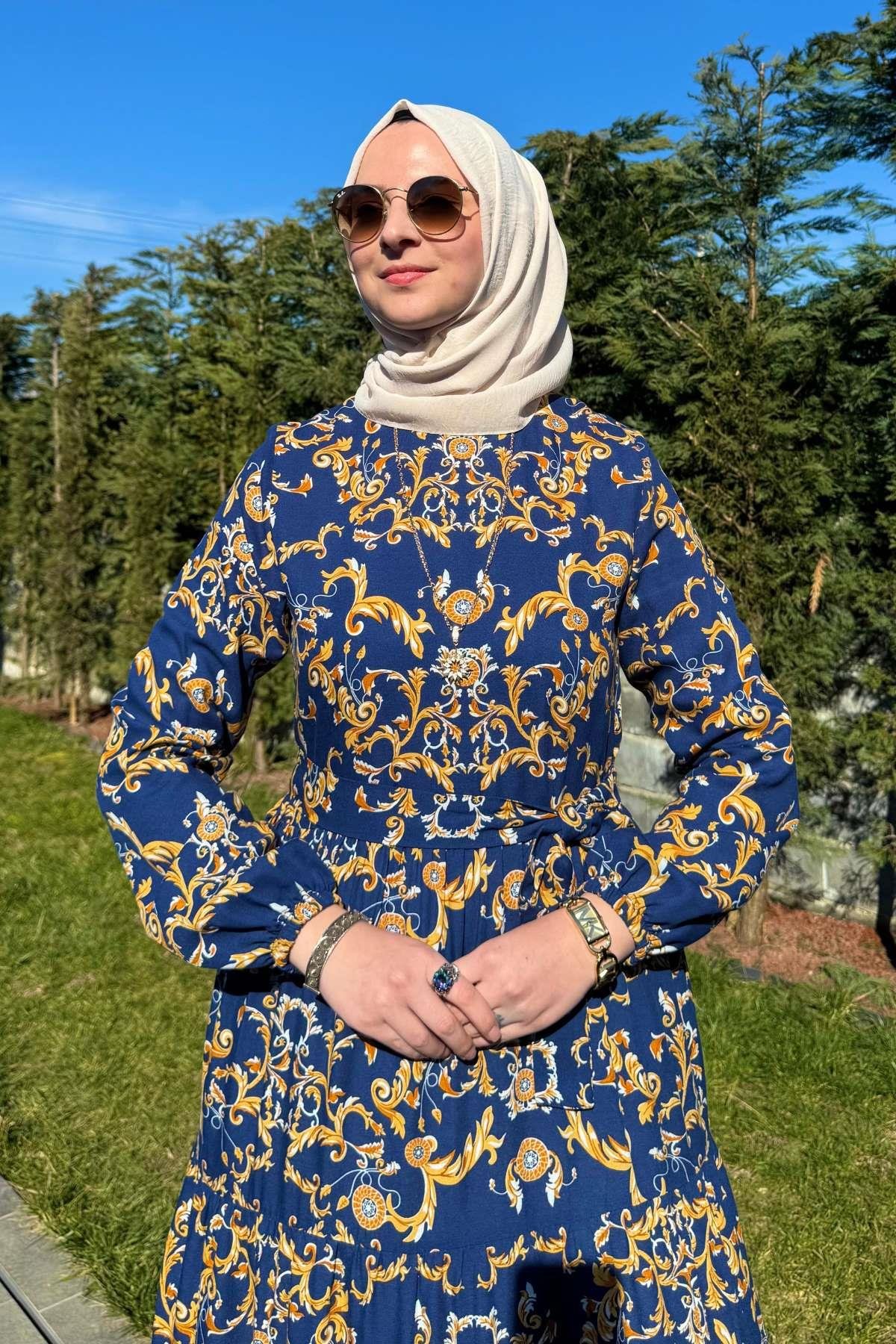 Kot Efektli Elbise Lacivert | Rabia Şamlı | Tesettür Giyim, Elbise ve Kadın Giyim Modası