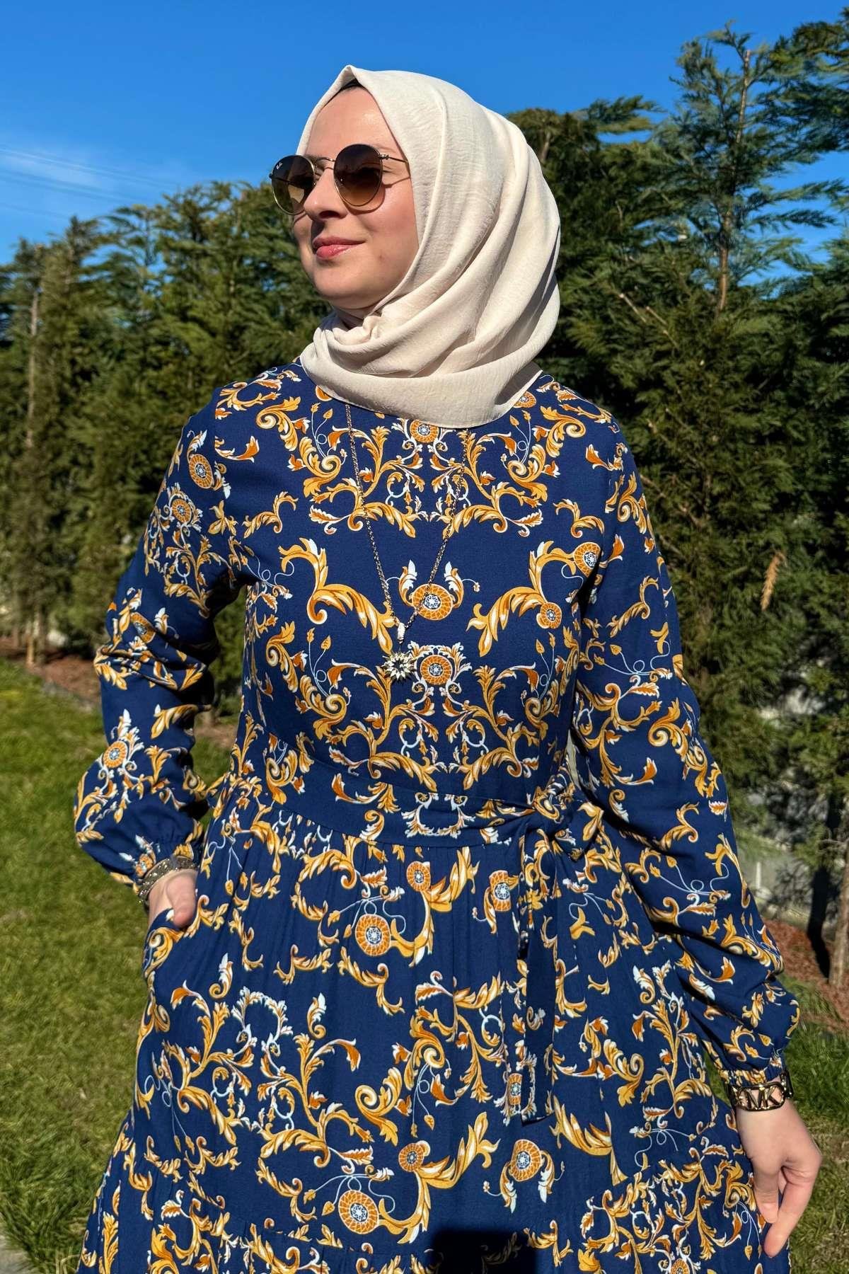 Kot Efektli Elbise Lacivert | Rabia Şamlı | Tesettür Giyim, Elbise ve Kadın Giyim Modası