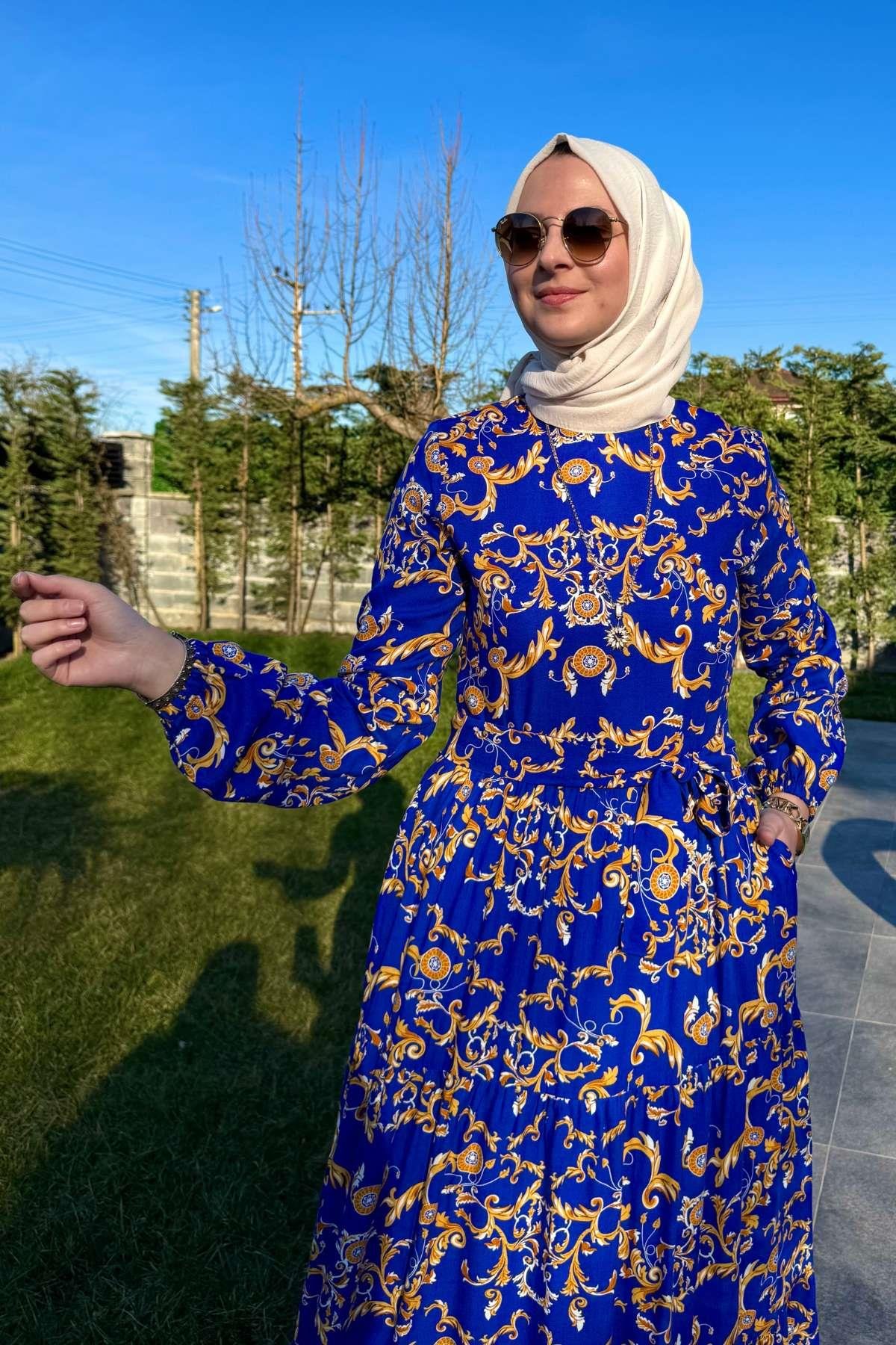 Kot Efektli Elbise Lacivert | Rabia Şamlı | Tesettür Giyim, Elbise ve Kadın Giyim Modası