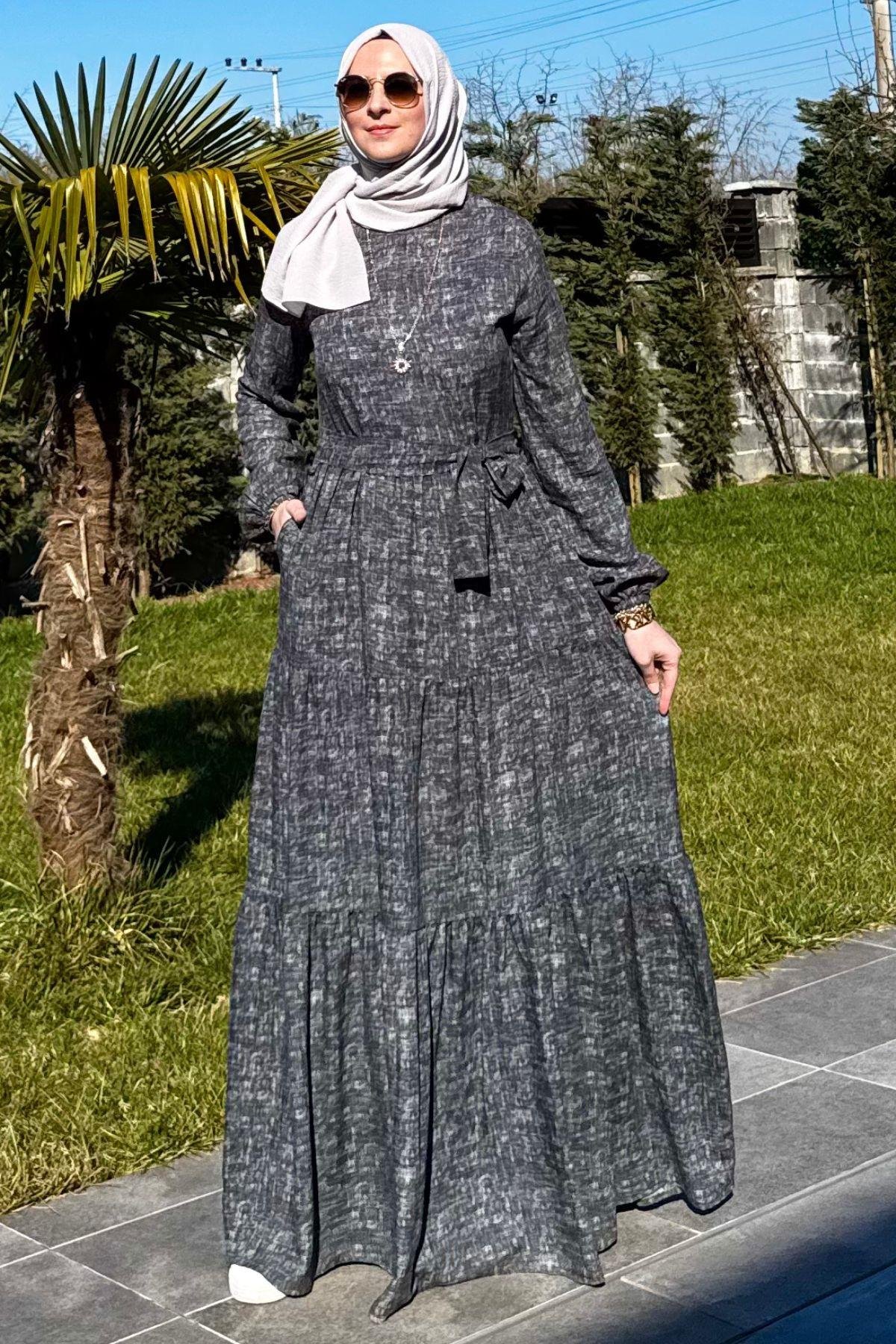 Güzide Yaprak Desenli Elbise Turuncu | Rabia Şamlı | Tesettür Giyim, Elbise ve Kadın Giyim Modası