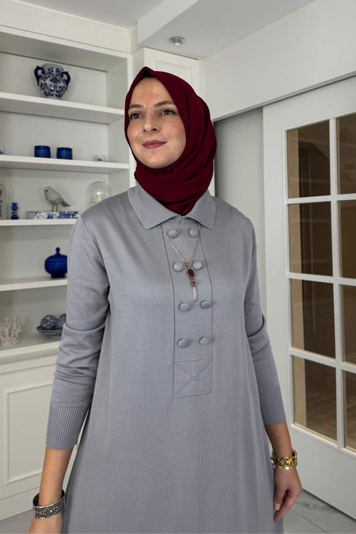 Laçin Triko Elbise Gri | Rabia Şamlı | Tesettür Giyim, Elbise ve Kadın Giyim Modası