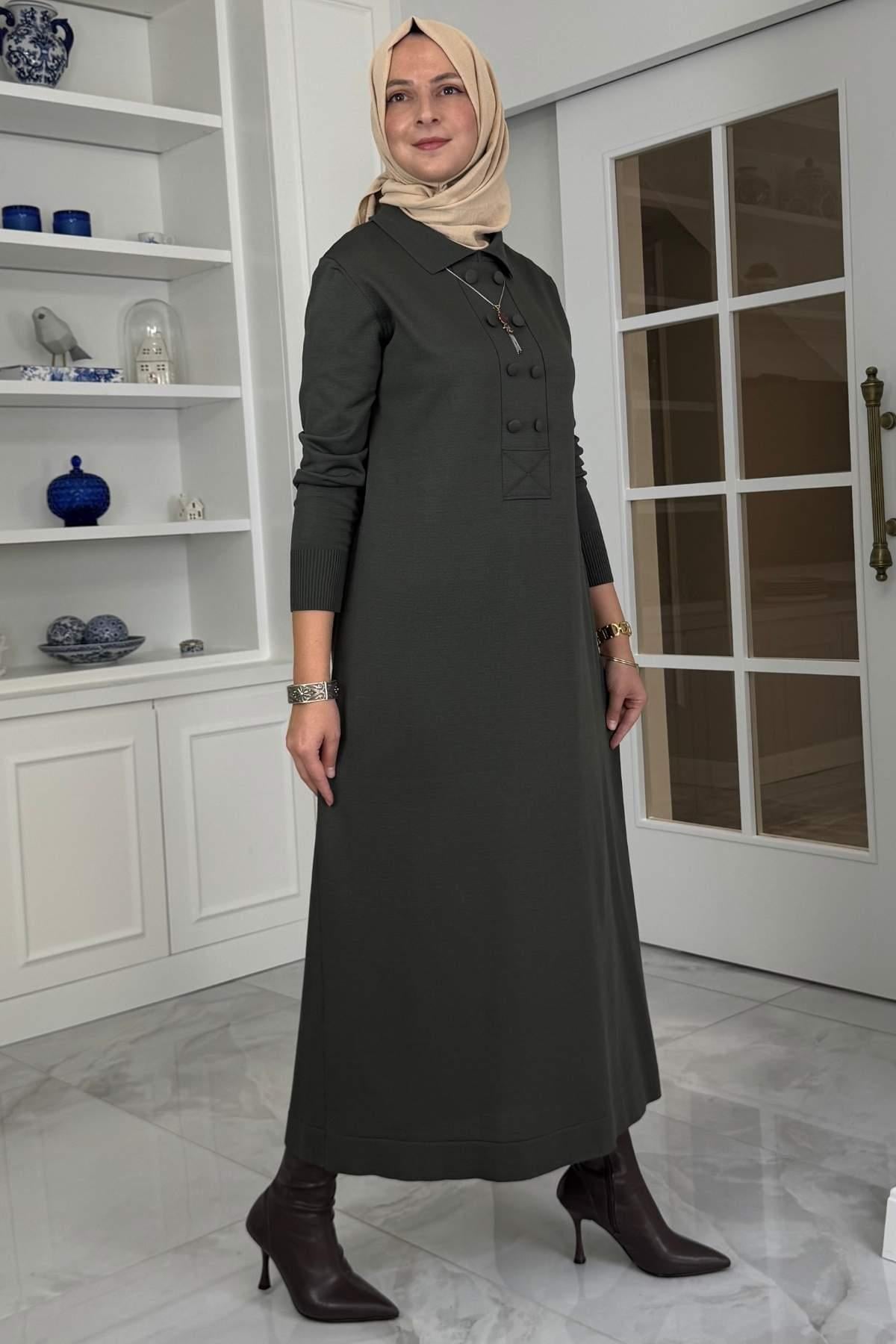 Laçin Triko Elbise Haki | Rabia Şamlı | Tesettür Giyim, Elbise ve Kadın Giyim Modası