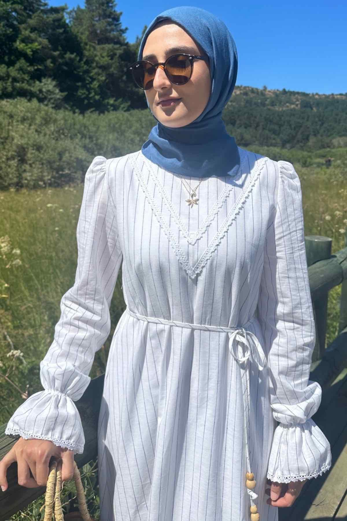 Mavi Çizgili Keten Elbise | ELBİSE
