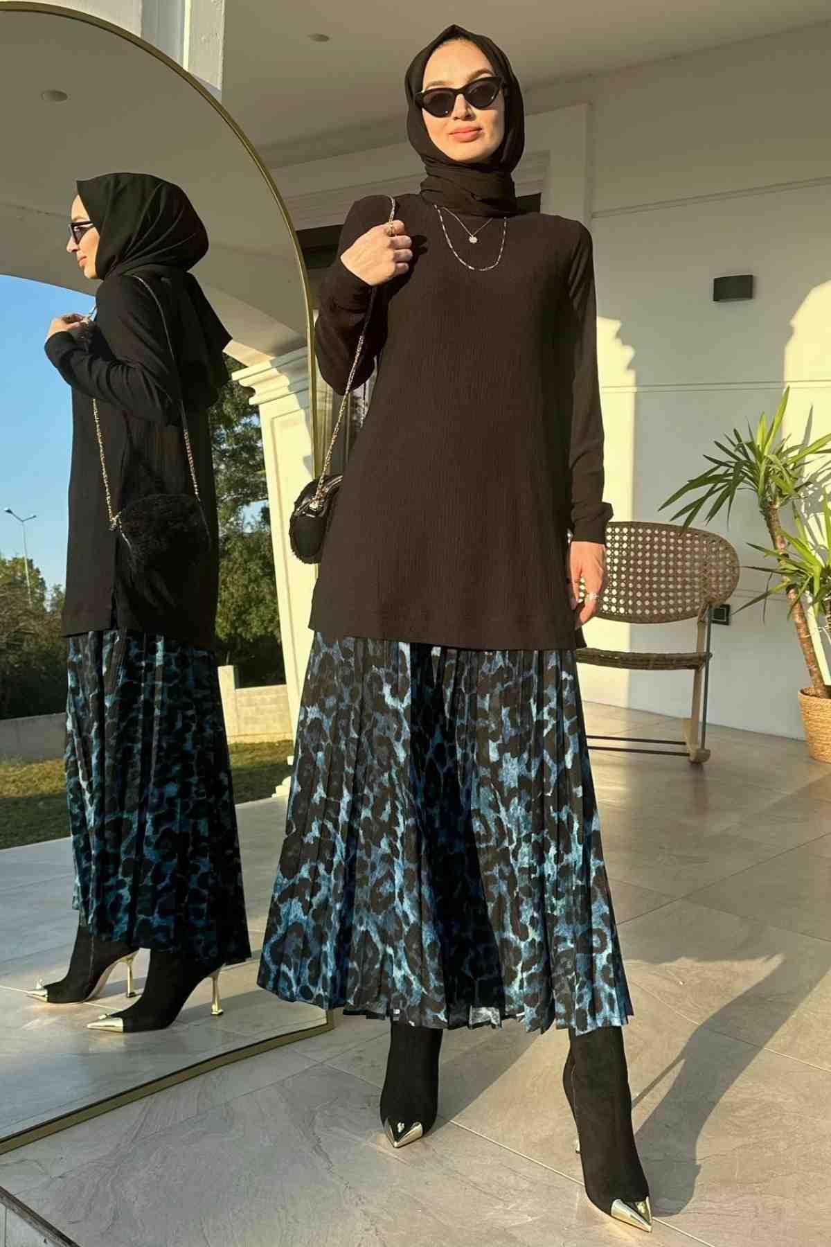 Mavi Leopar Plise Takım | Rabia Şamlı | Tesettür Elbise ve Kadın Giyim Modası