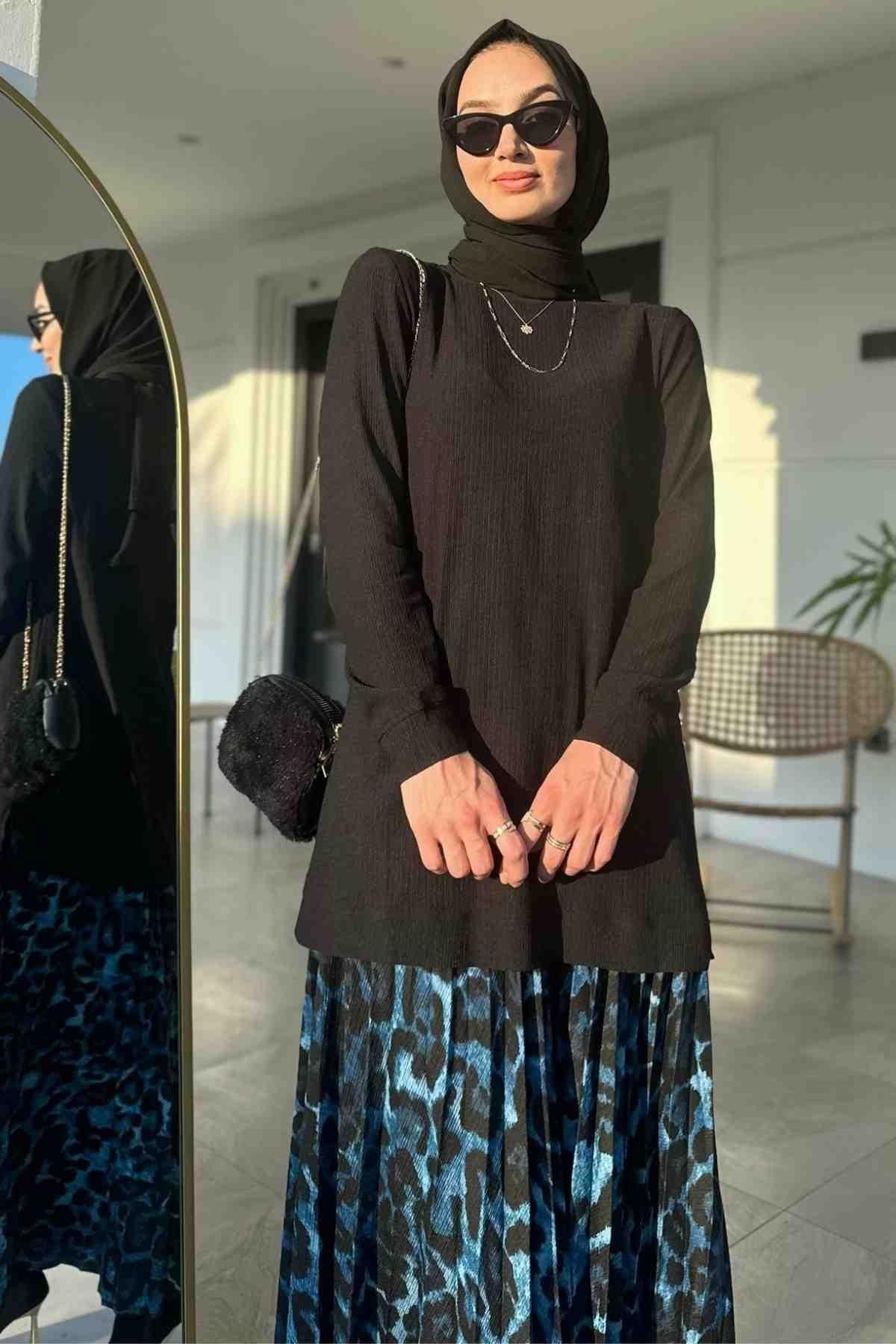Mavi Leopar Plise Takım | Rabia Şamlı | Tesettür Elbise ve Kadın Giyim Modası