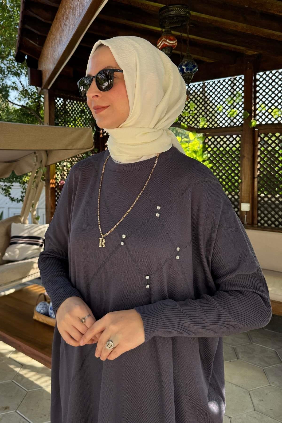 Hamiyet Çizgili Triko Tunik Siyah | Rabia Şamlı | Tesettür Giyim, Elbise ve Kadın Giyim Modası