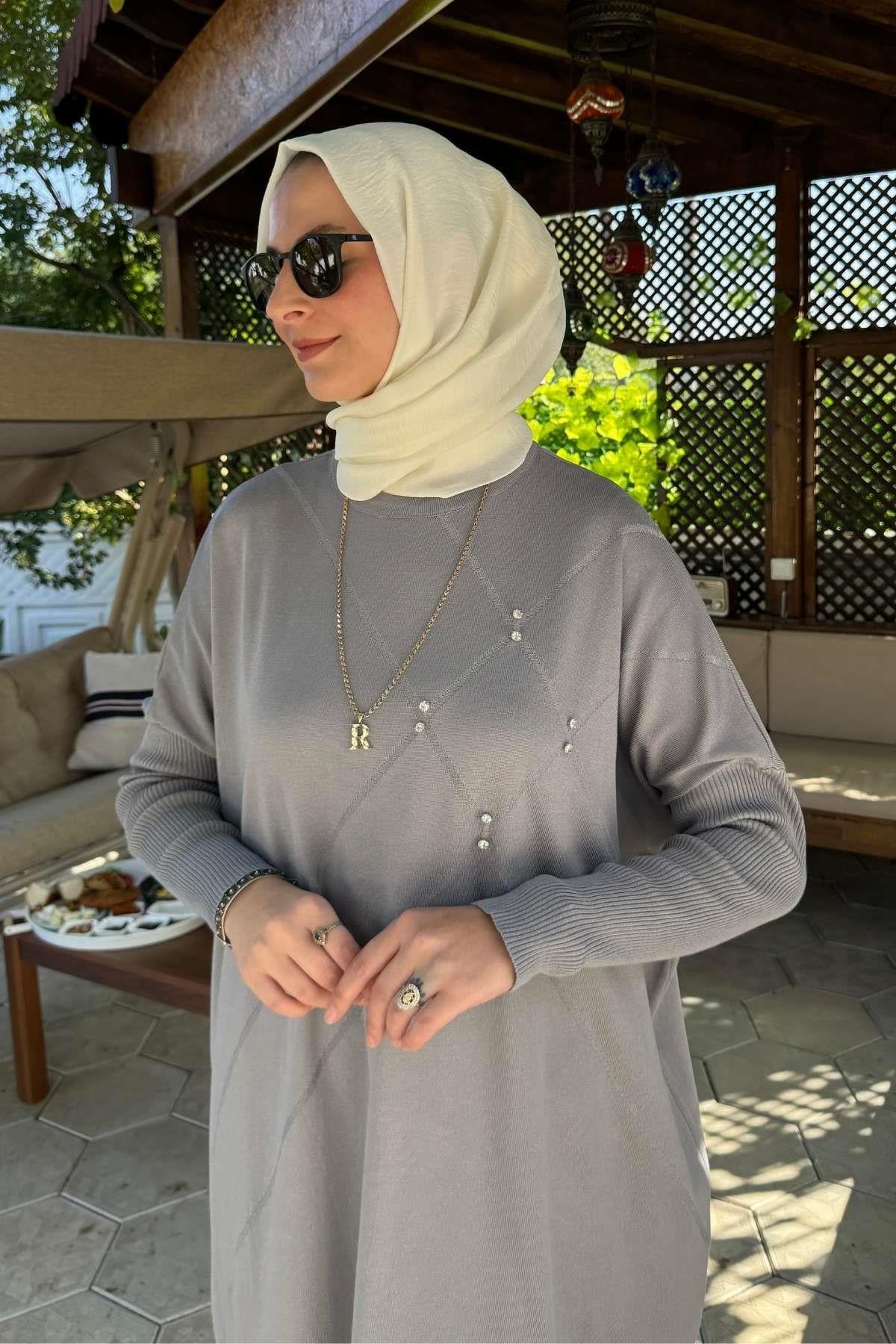 Hamiyet Çizgili Triko Tunik Siyah | Rabia Şamlı | Tesettür Giyim, Elbise ve Kadın Giyim Modası