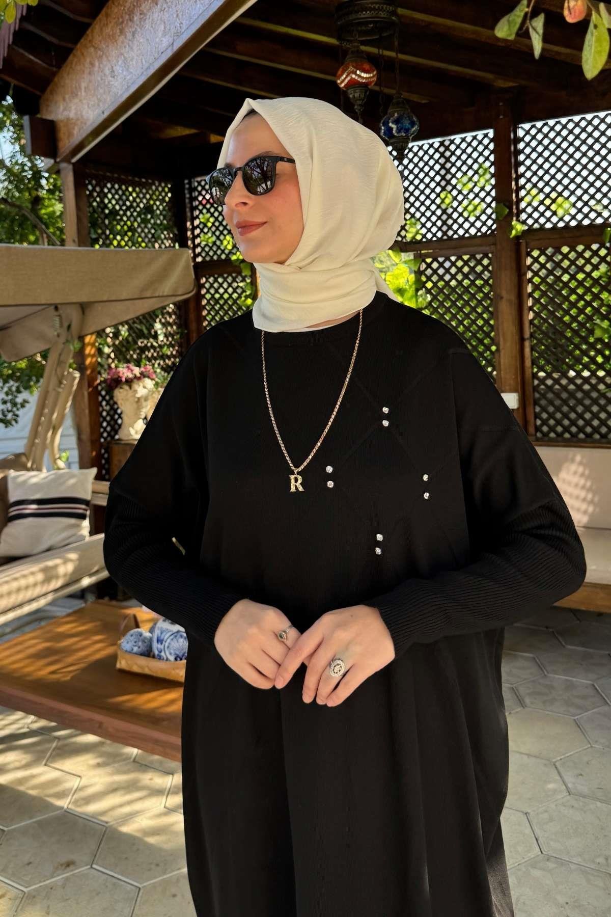 Hamiyet Çizgili Triko Tunik Siyah | Rabia Şamlı | Tesettür Giyim, Elbise ve Kadın Giyim Modası