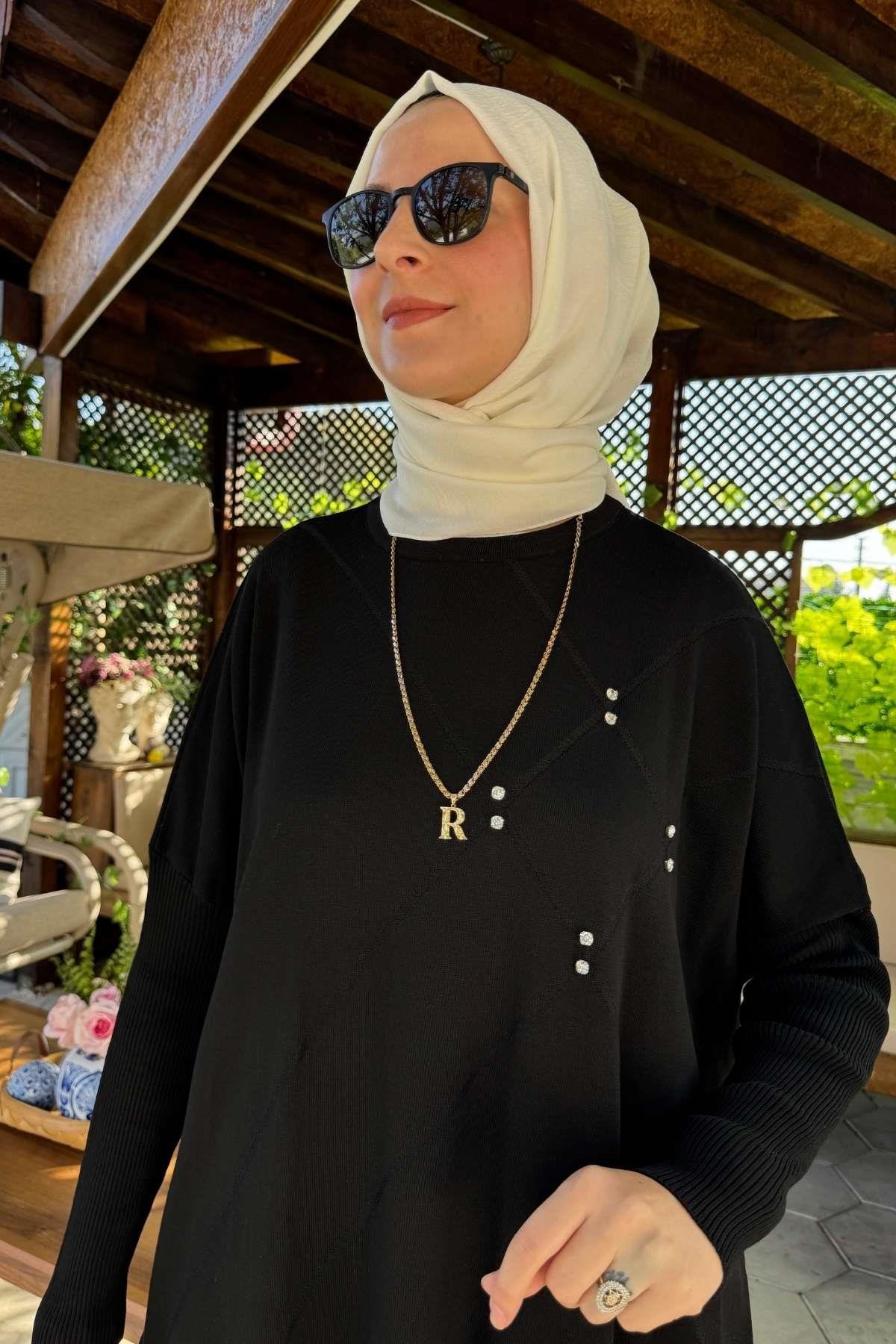 Hamiyet Çizgili Triko Tunik Siyah | Rabia Şamlı | Tesettür Giyim, Elbise ve Kadın Giyim Modası