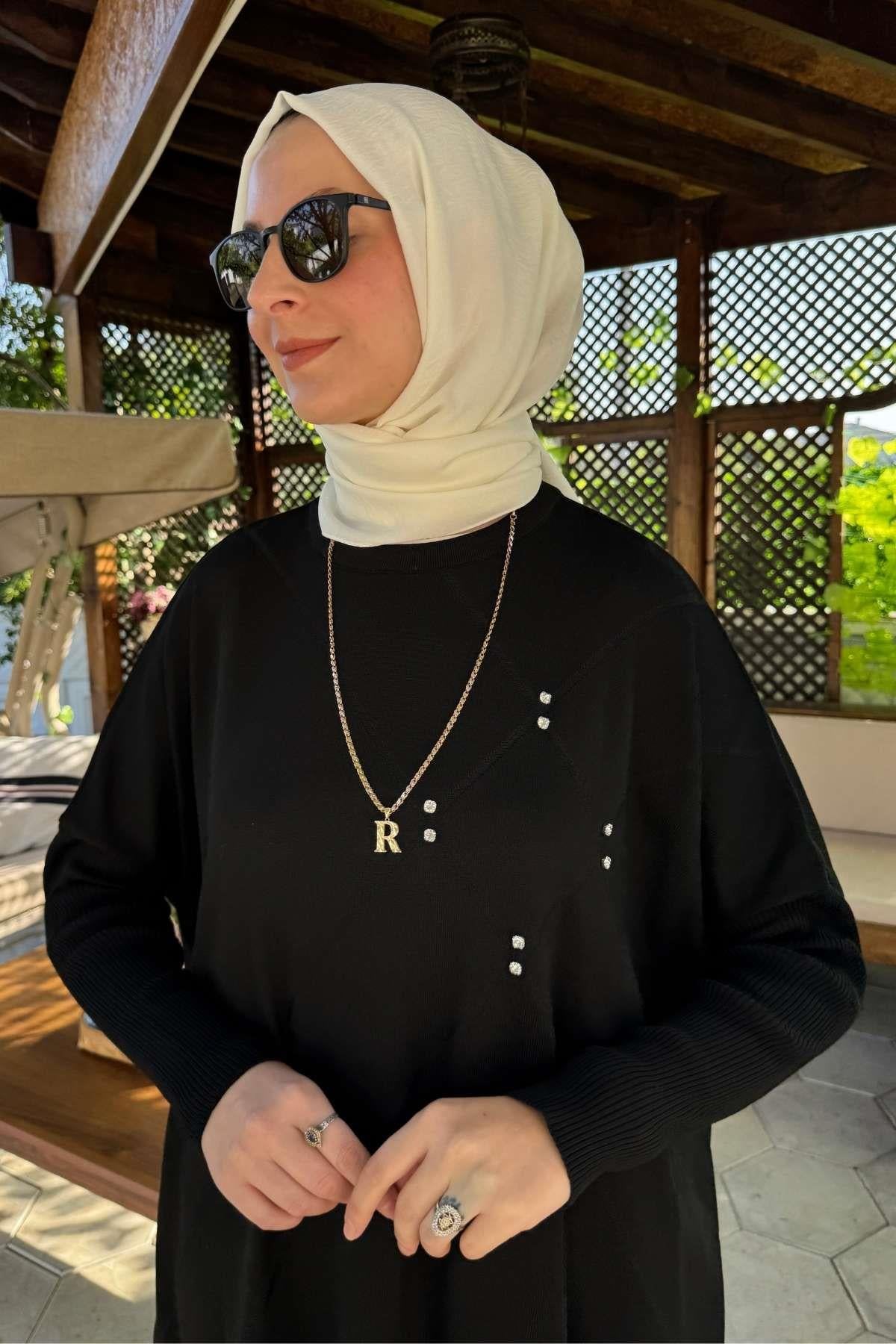 Hamiyet Çizgili Triko Tunik Siyah | Rabia Şamlı | Tesettür Giyim, Elbise ve Kadın Giyim Modası