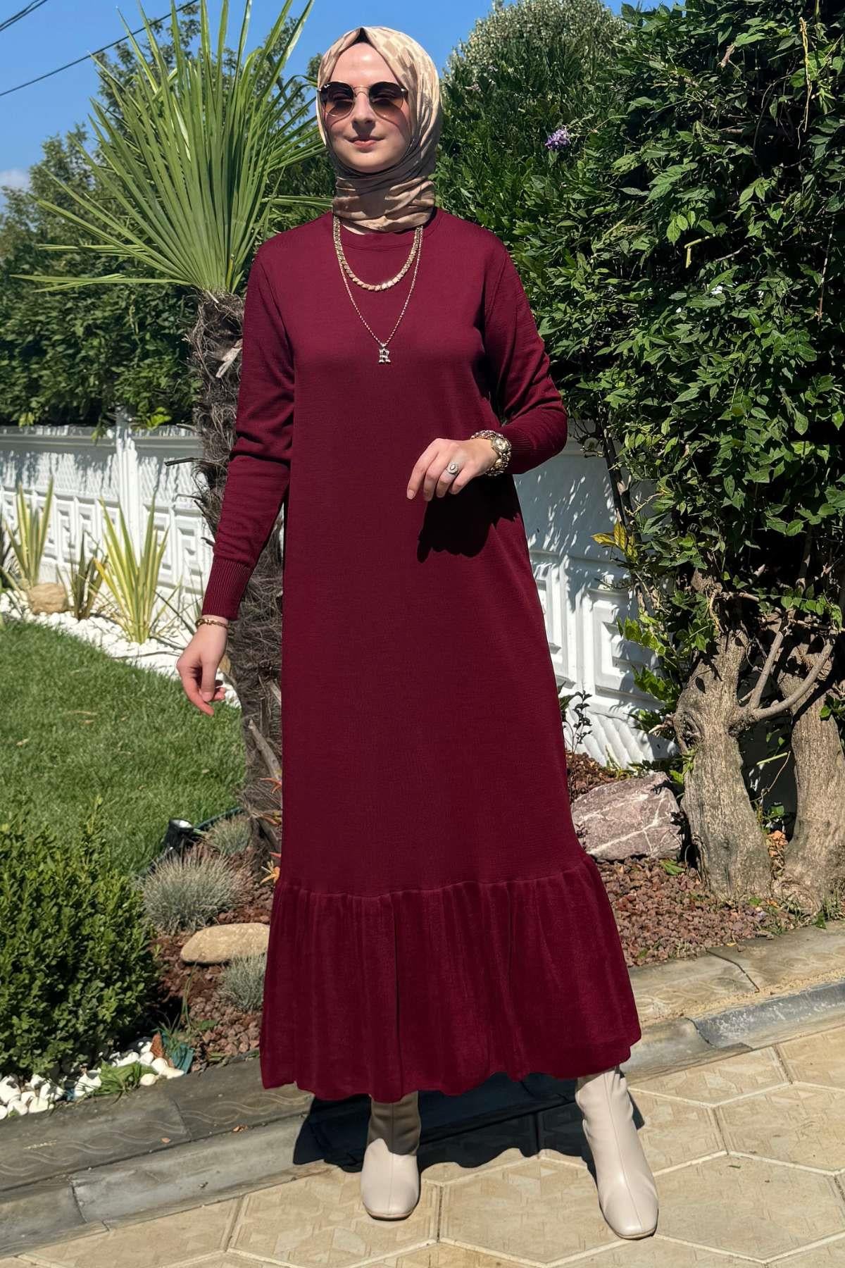 Samanyolu Bordo Triko Elbise | Rabia Şamlı | Tesettür Giyim, Elbise ve Kadın Giyim Modası