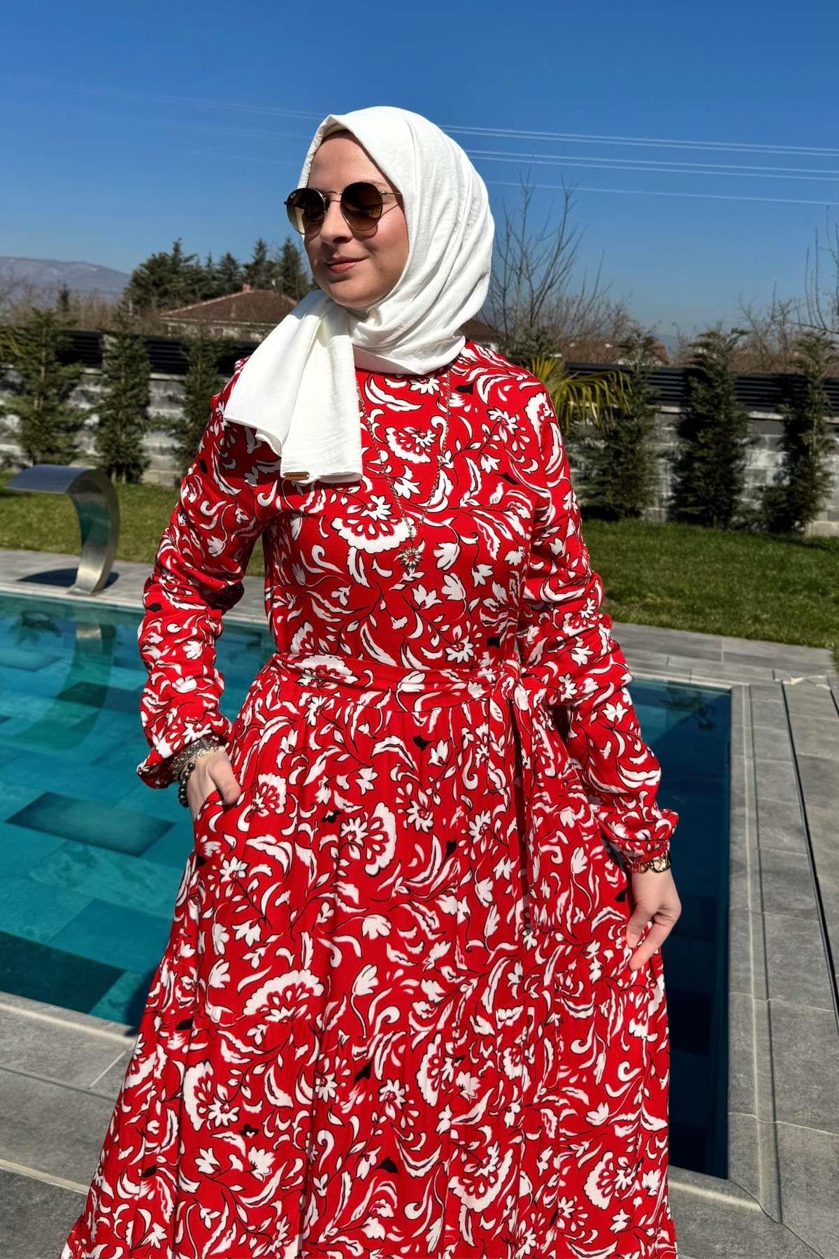 Su Desenli Elbise Kahve | Rabia Şamlı | Tesettür Giyim, Elbise ve Kadın Giyim Modası