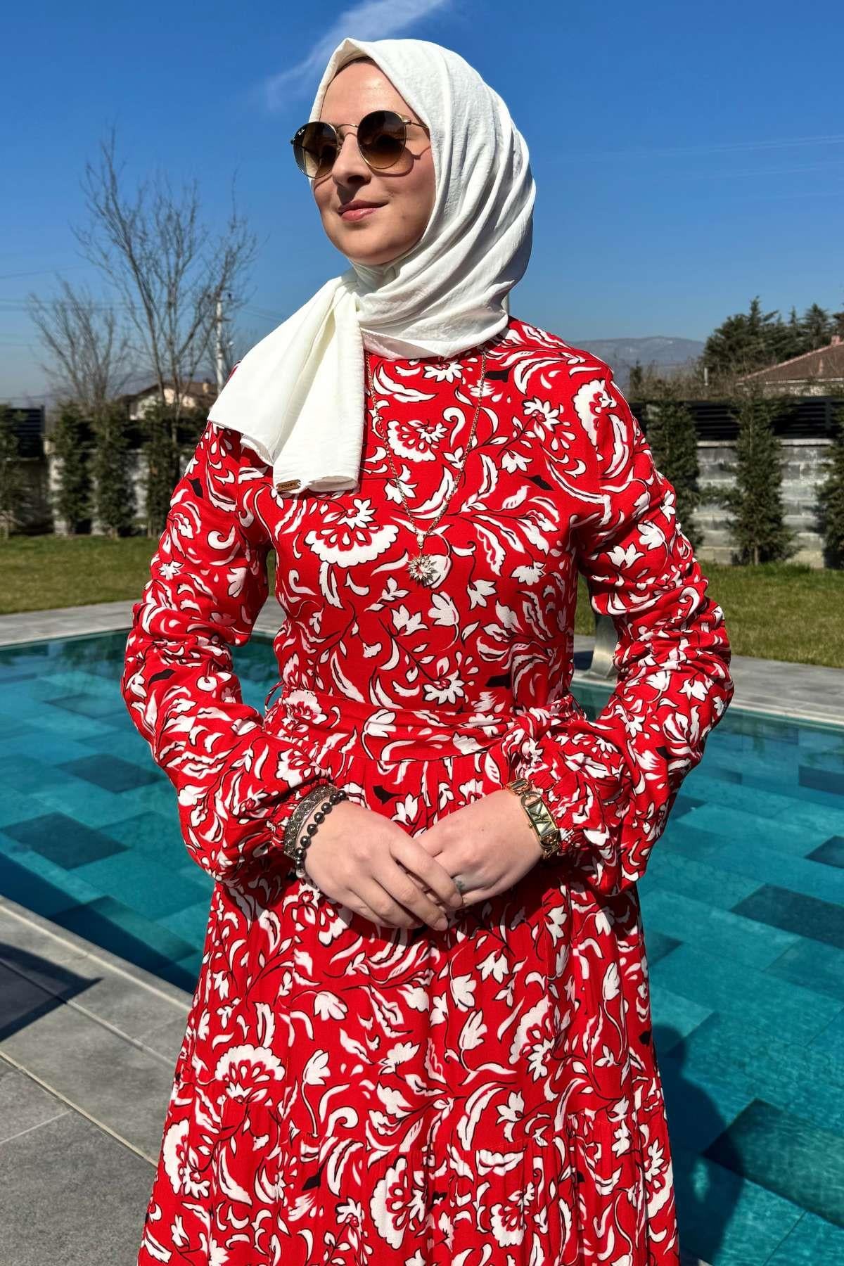 Su Desenli Elbise Kahve | Rabia Şamlı | Tesettür Giyim, Elbise ve Kadın Giyim Modası