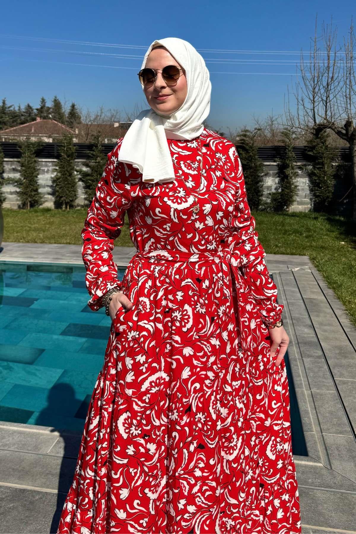 Su Desenli Elbise Kahve | Rabia Şamlı | Tesettür Giyim, Elbise ve Kadın Giyim Modası