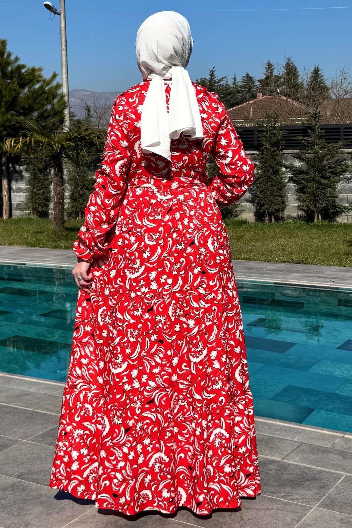 Su Desenli Elbise Kahve | Rabia Şamlı | Tesettür Giyim, Elbise ve Kadın Giyim Modası