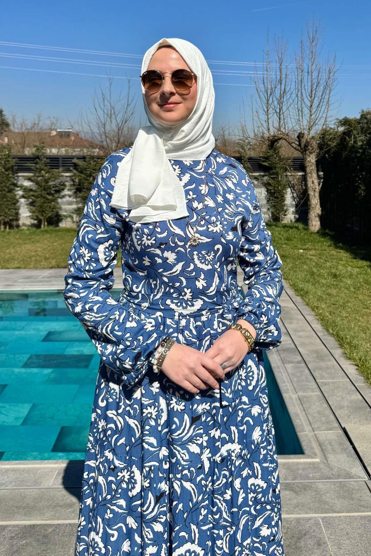 Su Desenli Elbise Kahve | Rabia Şamlı | Tesettür Giyim, Elbise ve Kadın Giyim Modası