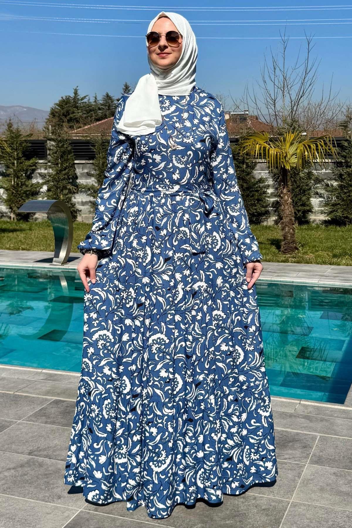 Su Desenli Elbise Kahve | Rabia Şamlı | Tesettür Giyim, Elbise ve Kadın Giyim Modası
