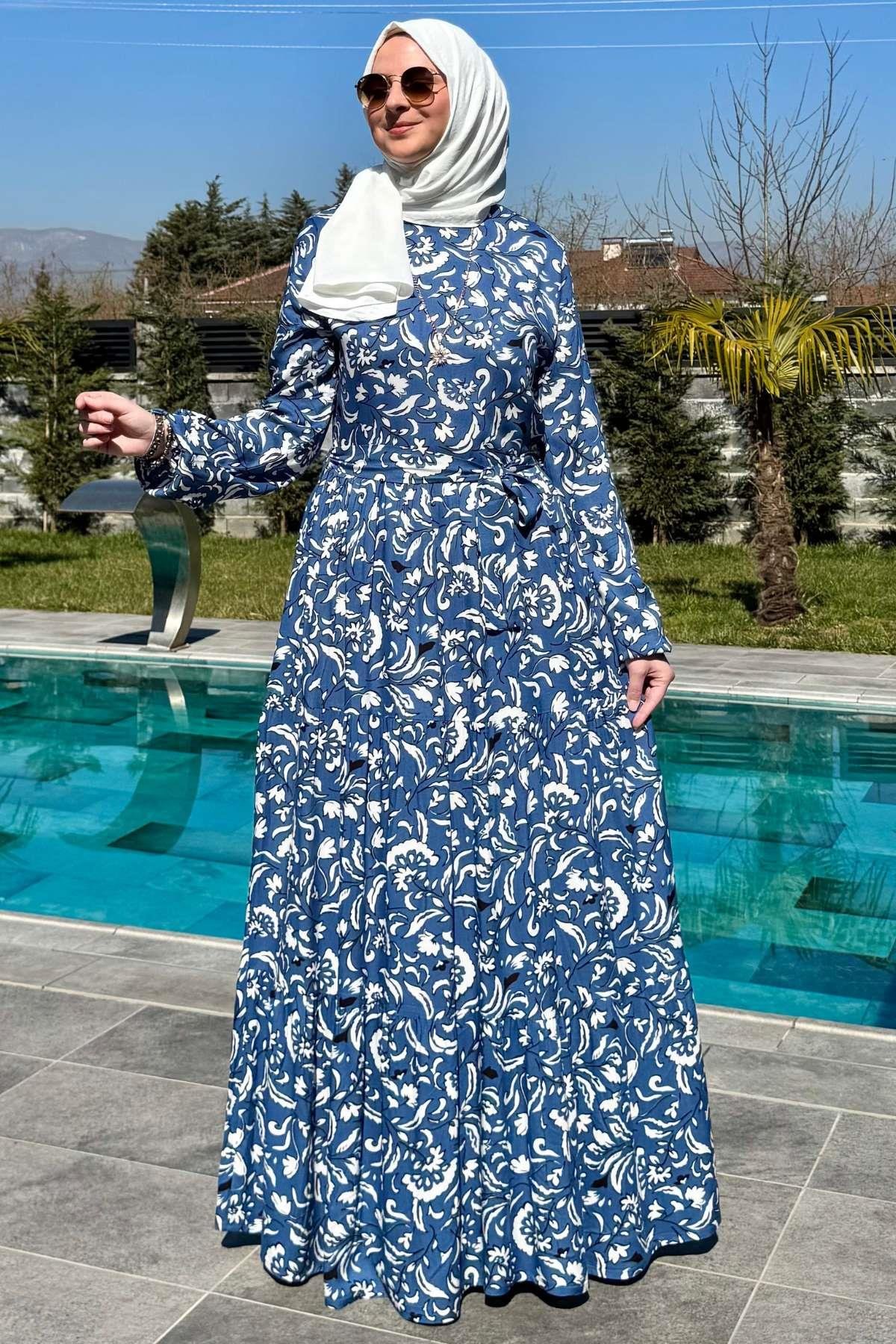 Su Desenli Elbise Kahve | Rabia Şamlı | Tesettür Giyim, Elbise ve Kadın Giyim Modası