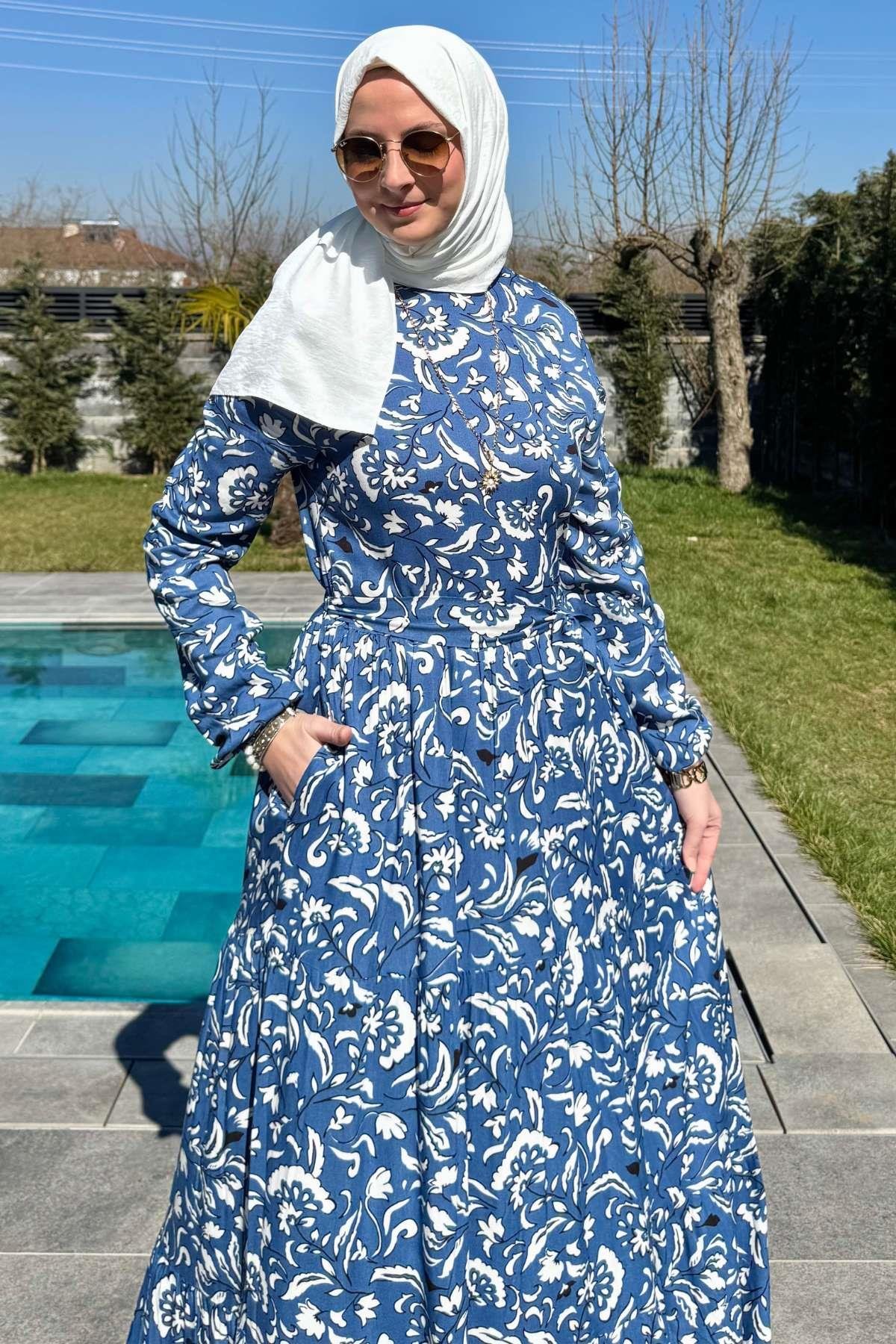 Su Desenli Elbise Kahve | Rabia Şamlı | Tesettür Giyim, Elbise ve Kadın Giyim Modası