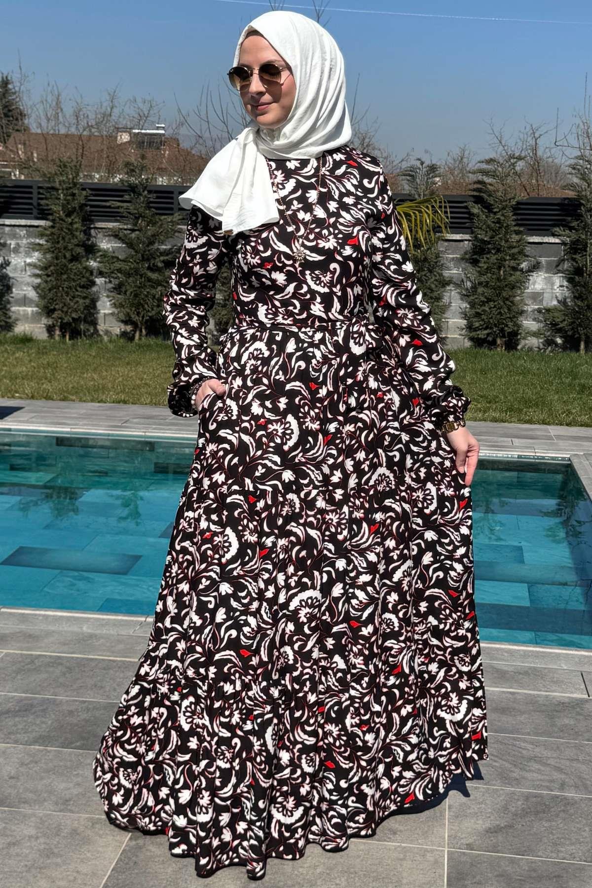 Su Desenli Elbise Kahve | Rabia Şamlı | Tesettür Giyim, Elbise ve Kadın Giyim Modası