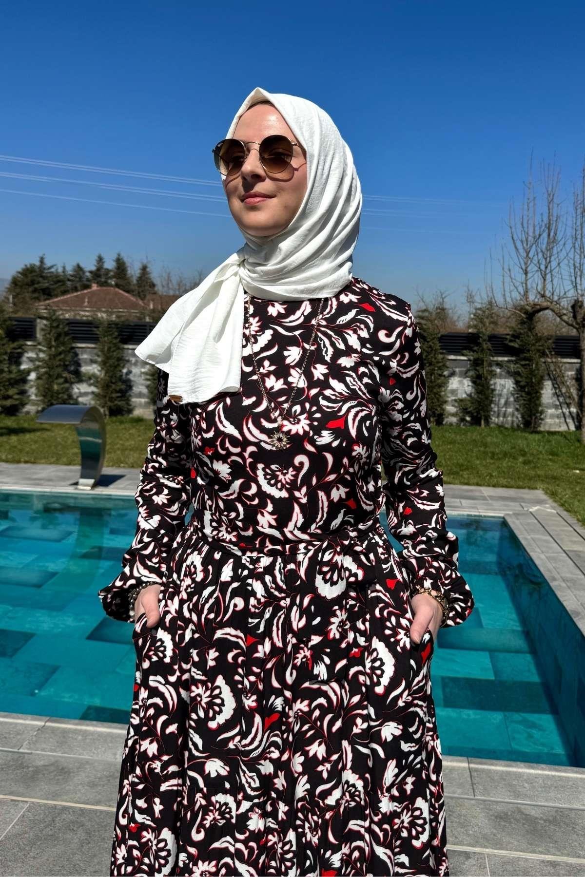 Su Desenli Elbise Kahve | Rabia Şamlı | Tesettür Giyim, Elbise ve Kadın Giyim Modası