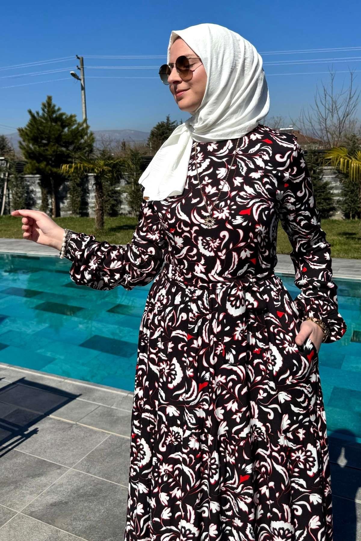 Su Desenli Elbise Kahve | Rabia Şamlı | Tesettür Giyim, Elbise ve Kadın Giyim Modası